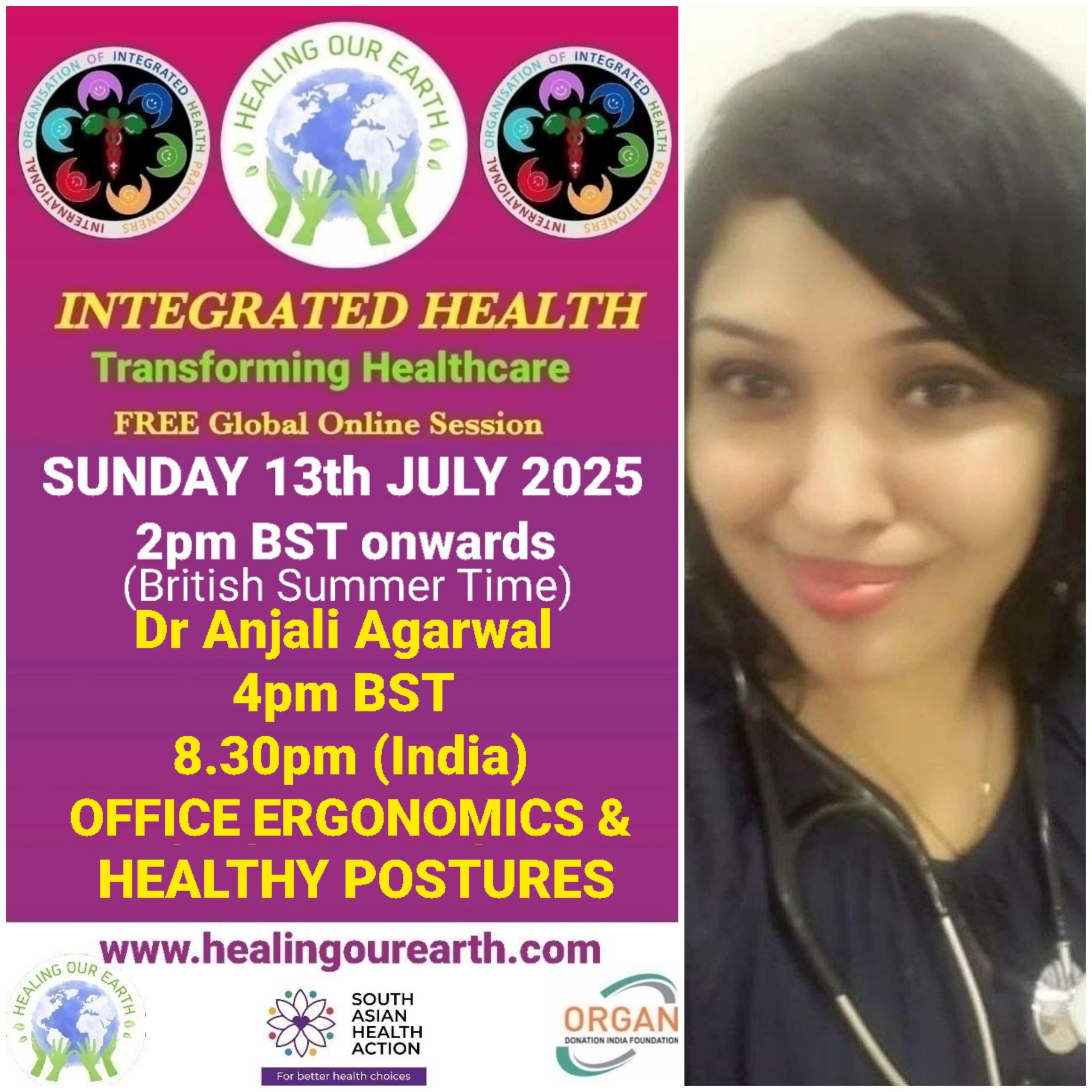 A promotional image for "Healing Our Earth" featuring logos for Organ Donation India Foundation and South Asian Health Action. The event titled "Integrated Health: Transforming Healthcare" is a free global online episode on Sunday, 17th November, starting at 2pm GMT. Website included.