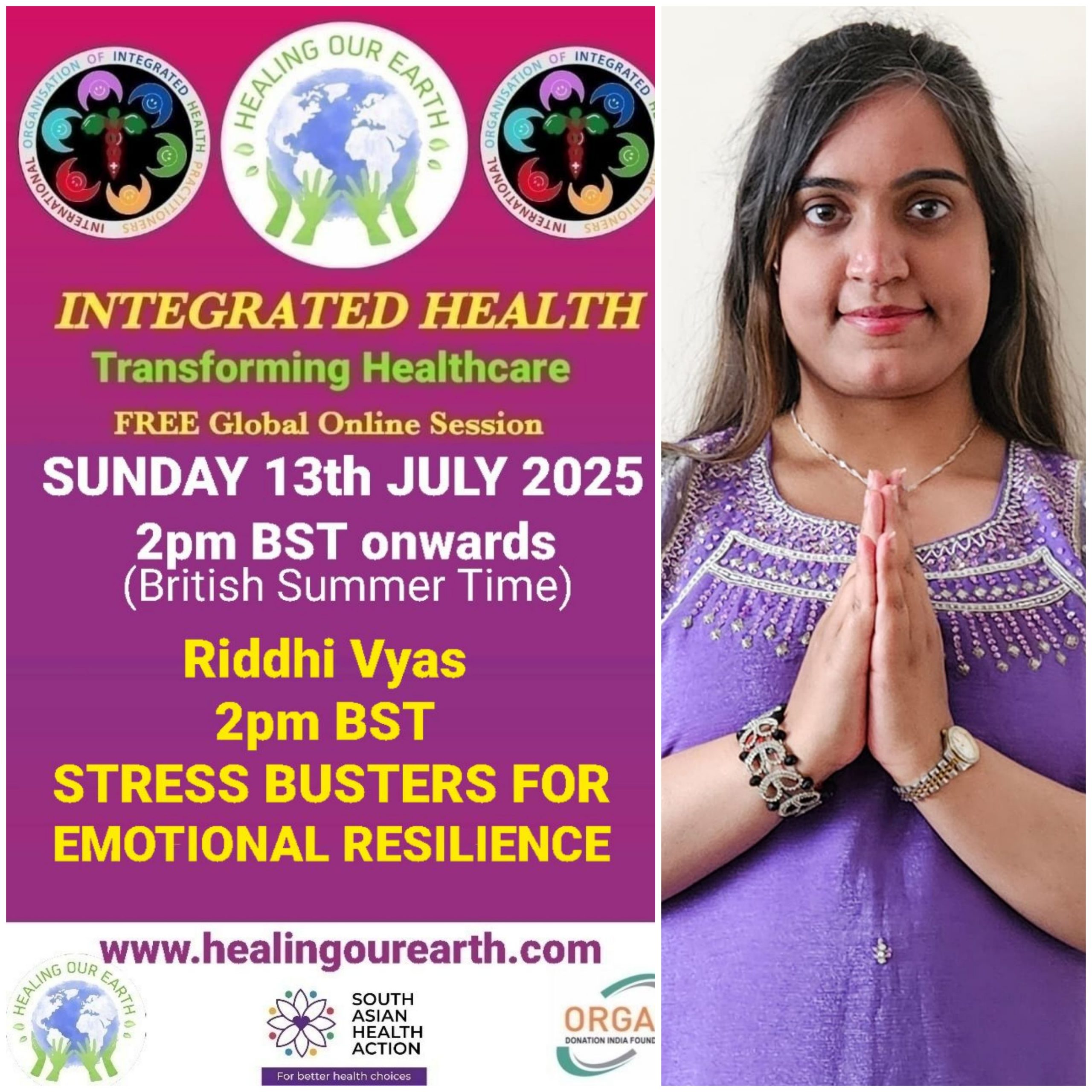 A promotional image for "Healing Our Earth" featuring logos for Organ Donation India Foundation and South Asian Health Action. The event titled "Integrated Health: Transforming Healthcare" is a free global online episode on Sunday, 17th November, starting at 2pm GMT. Website included.