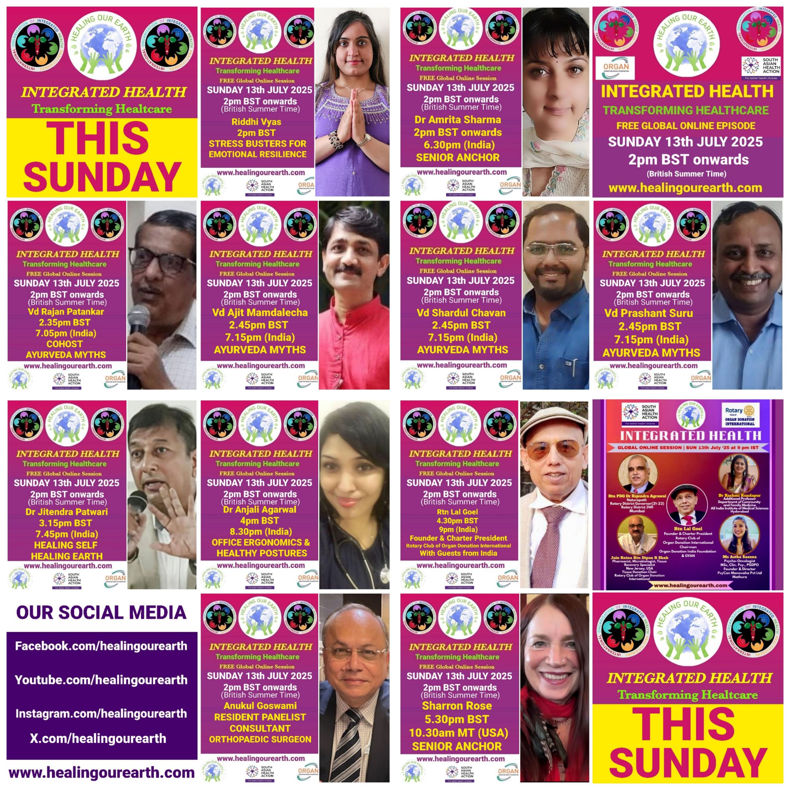 A promotional image for "Healing Our Earth" featuring logos for Organ Donation India Foundation and South Asian Health Action. The event titled "Integrated Health: Transforming Healthcare" is a free global online episode on Sunday, 17th November, starting at 2pm GMT. Website included.