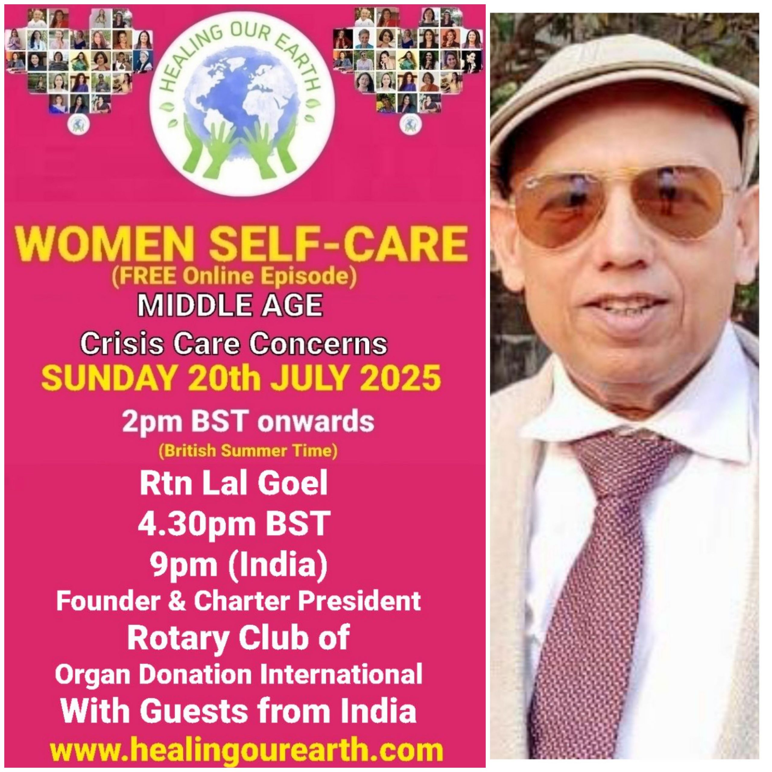 Promotional poster for "GL Women: Enhancing Better Womenhood" event on December 1, 2024, at 2 PM GMT. Features a photo of Dr. Anjali Agarwal, who is listed as co-host and resident panelist. Website: www.healingourearth.com. Background collage of women's photos.