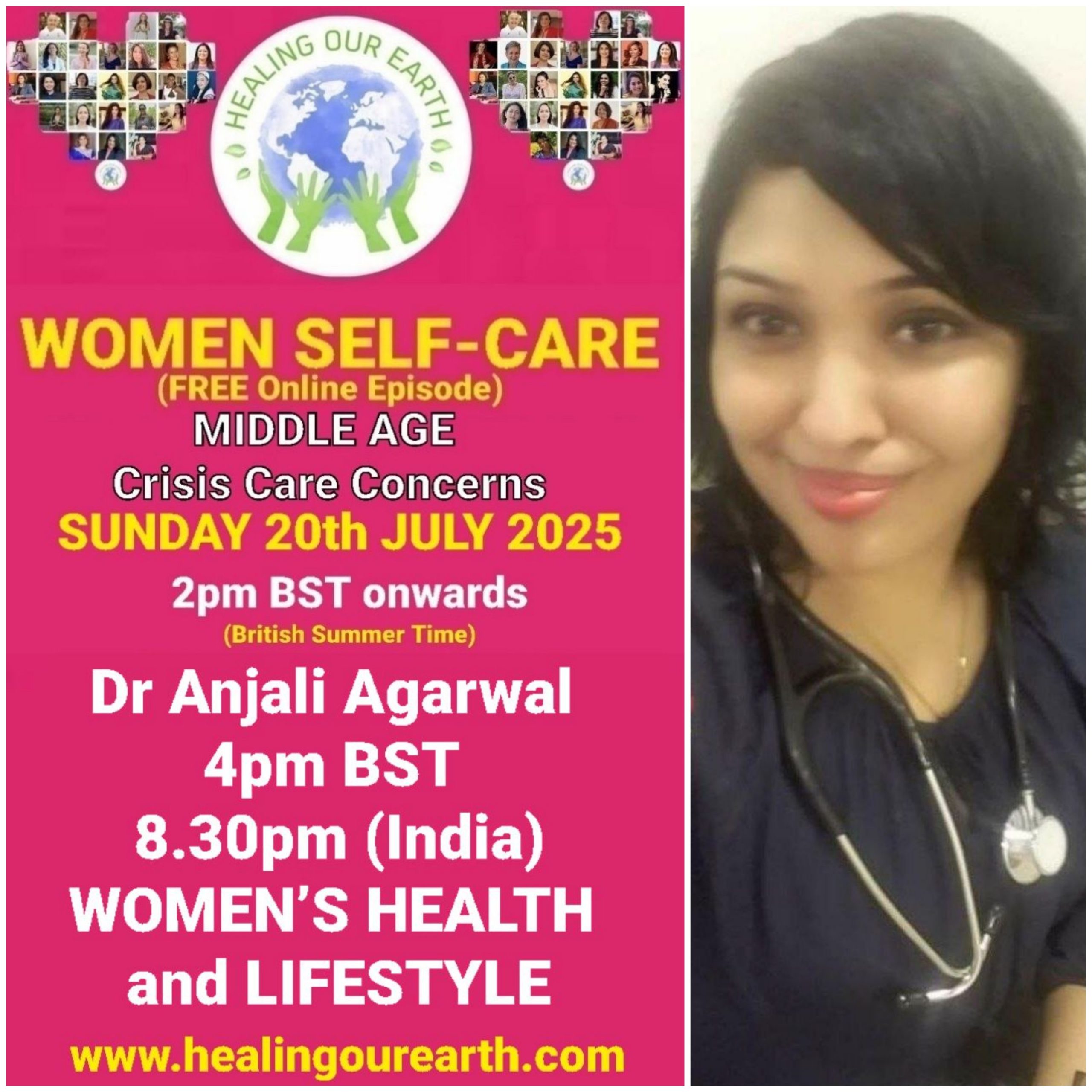 Promotional poster for "GL Women: Enhancing Better Womenhood" event on December 1, 2024, at 2 PM GMT. Features a photo of Dr. Anjali Agarwal, who is listed as co-host and resident panelist. Website: www.healingourearth.com. Background collage of women's photos.