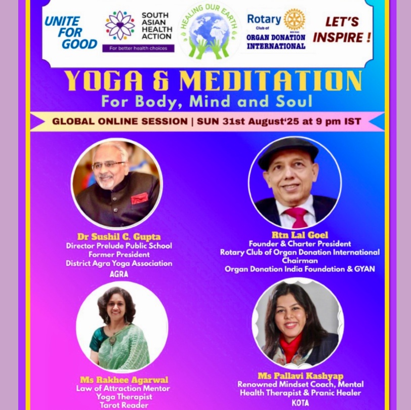 A collage of profiles for a yoga and meditation event, featuring 16 diverse individuals with their names, event roles, and session details like times and topics. Includes social media links, a healingourarth.net website, and event logos. The background is purple with yellow accents.