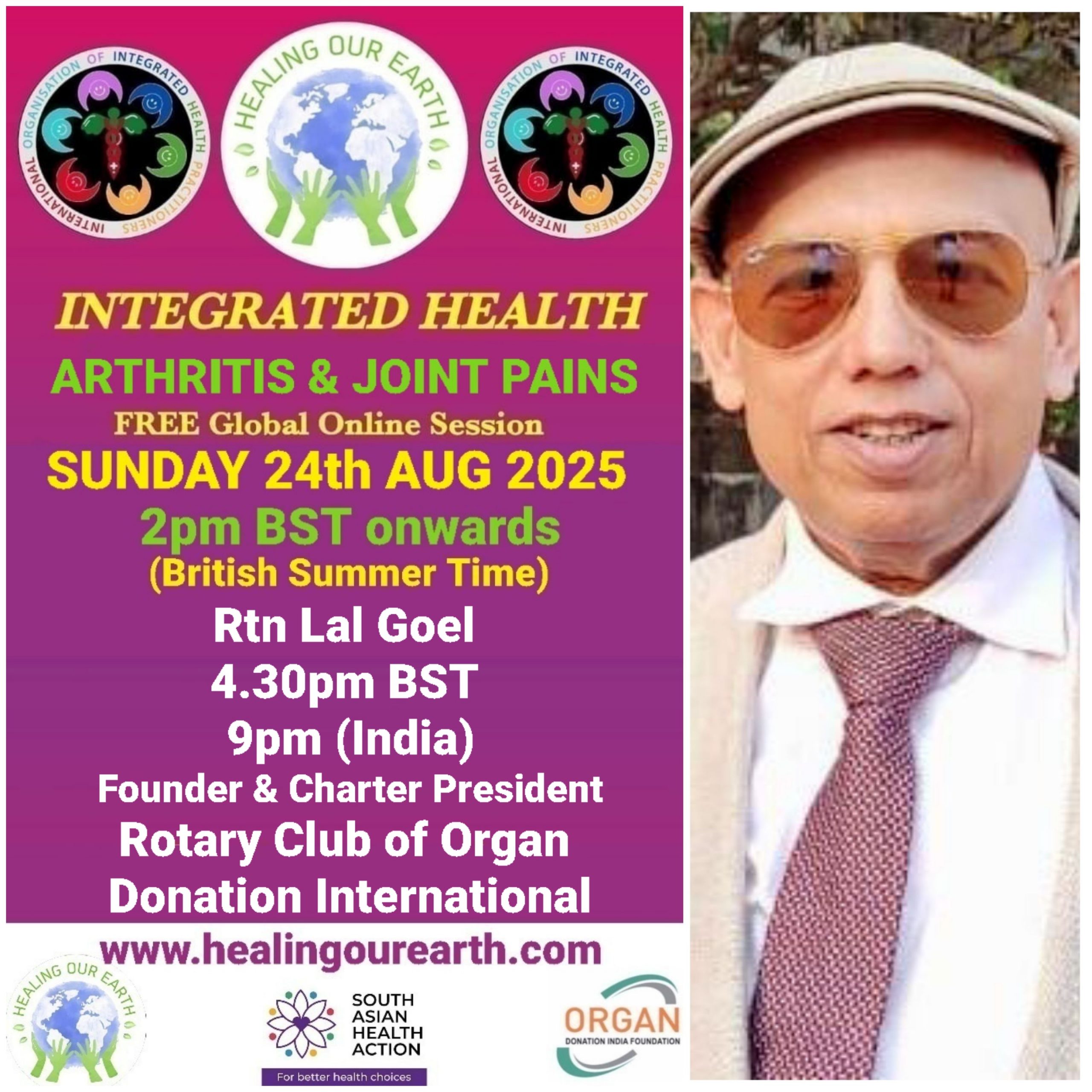 A promotional image for "Healing Our Earth" featuring logos for Organ Donation India Foundation and South Asian Health Action. The event titled "Integrated Health: Transforming Healthcare" is a free global online episode on Sunday, 17th November, starting at 2pm GMT. Website included.