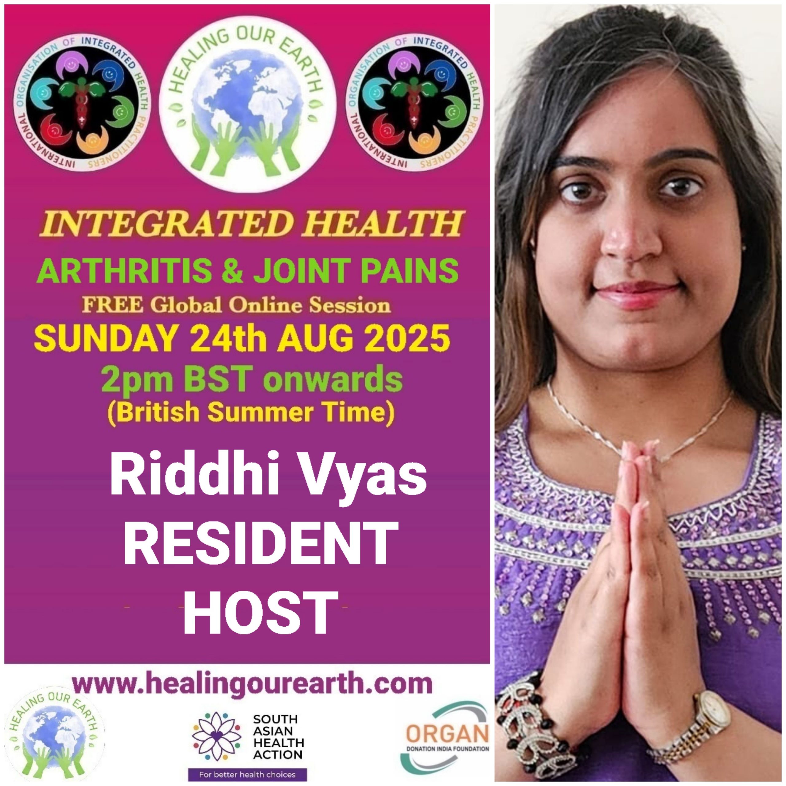 A promotional image for "Healing Our Earth" featuring logos for Organ Donation India Foundation and South Asian Health Action. The event titled "Integrated Health: Transforming Healthcare" is a free global online episode on Sunday, 17th November, starting at 2pm GMT. Website included.