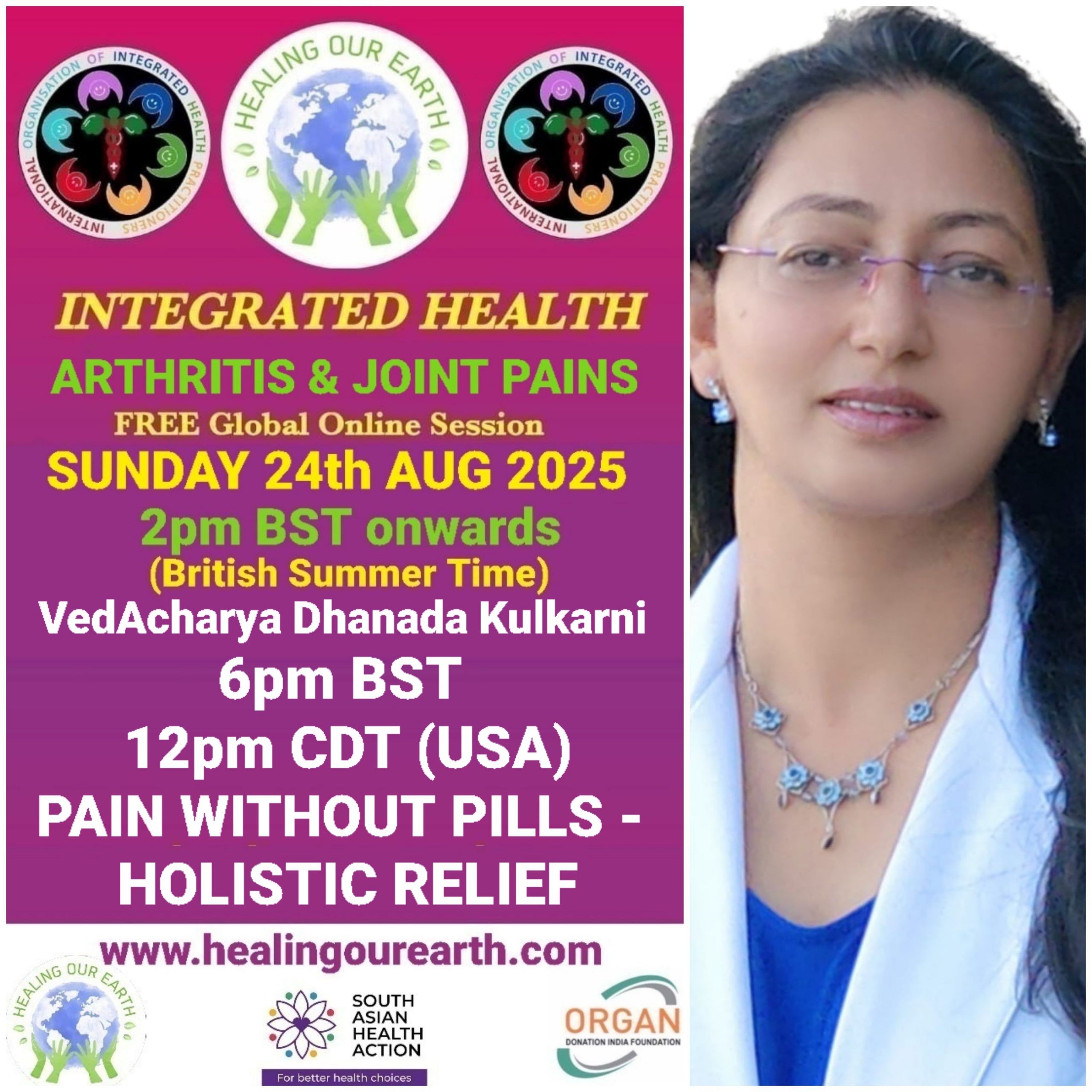 A promotional image for "Healing Our Earth" featuring logos for Organ Donation India Foundation and South Asian Health Action. The event titled "Integrated Health: Transforming Healthcare" is a free global online episode on Sunday, 17th November, starting at 2pm GMT. Website included.