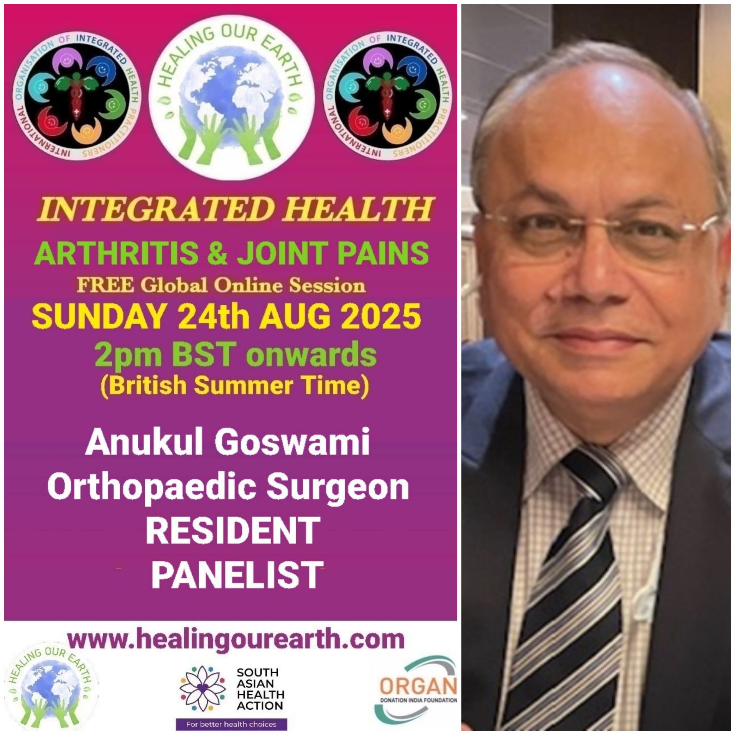 A promotional image for "Healing Our Earth" featuring logos for Organ Donation India Foundation and South Asian Health Action. The event titled "Integrated Health: Transforming Healthcare" is a free global online episode on Sunday, 17th November, starting at 2pm GMT. Website included.