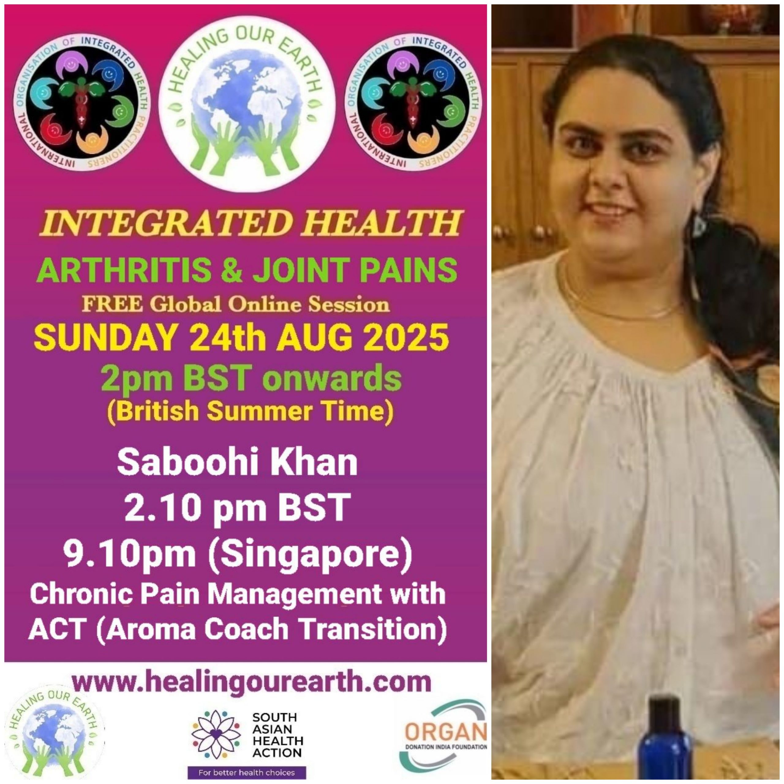 A promotional image for "Healing Our Earth" featuring logos for Organ Donation India Foundation and South Asian Health Action. The event titled "Integrated Health: Transforming Healthcare" is a free global online episode on Sunday, 17th November, starting at 2pm GMT. Website included.