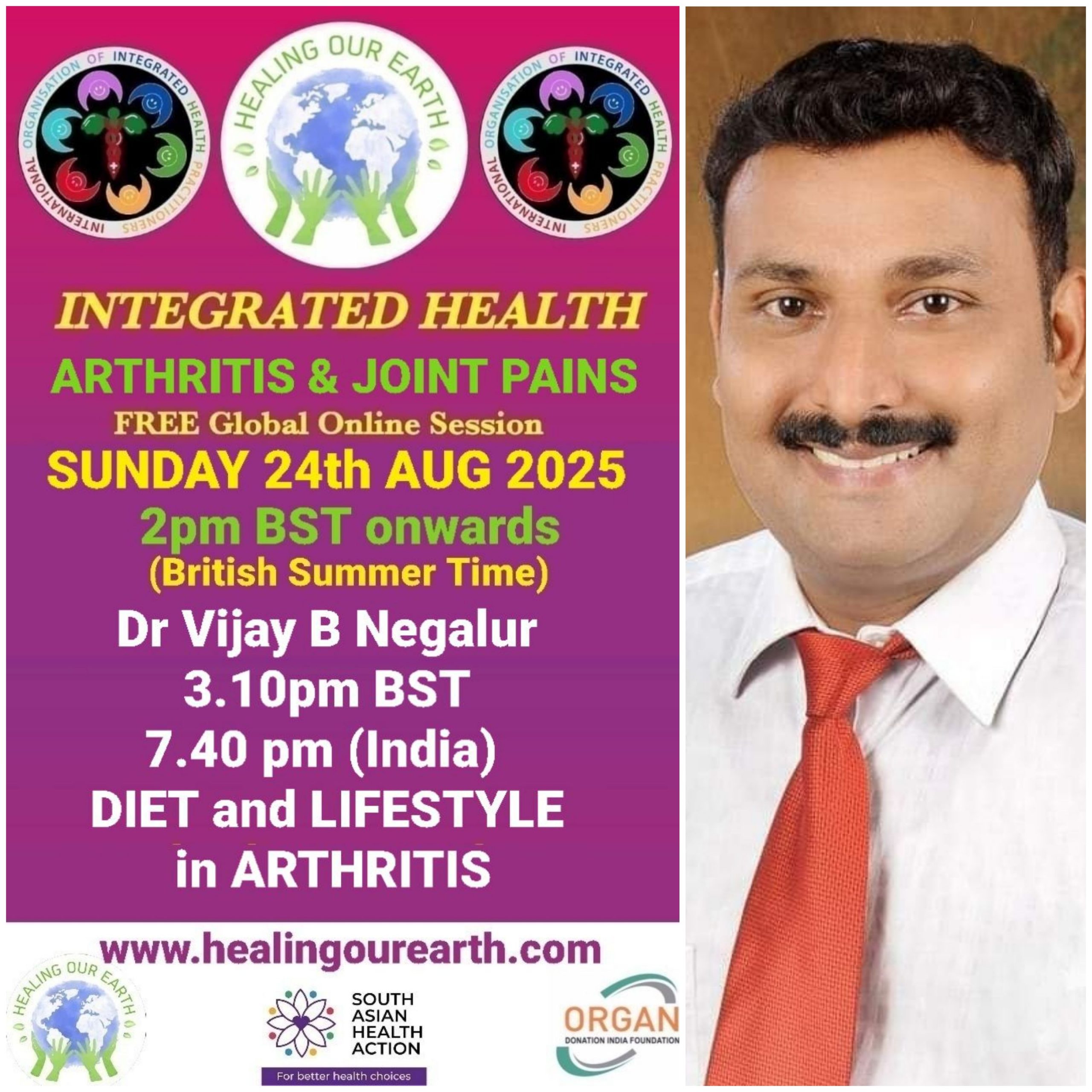 A promotional image for "Healing Our Earth" featuring logos for Organ Donation India Foundation and South Asian Health Action. The event titled "Integrated Health: Transforming Healthcare" is a free global online episode on Sunday, 17th November, starting at 2pm GMT. Website included.