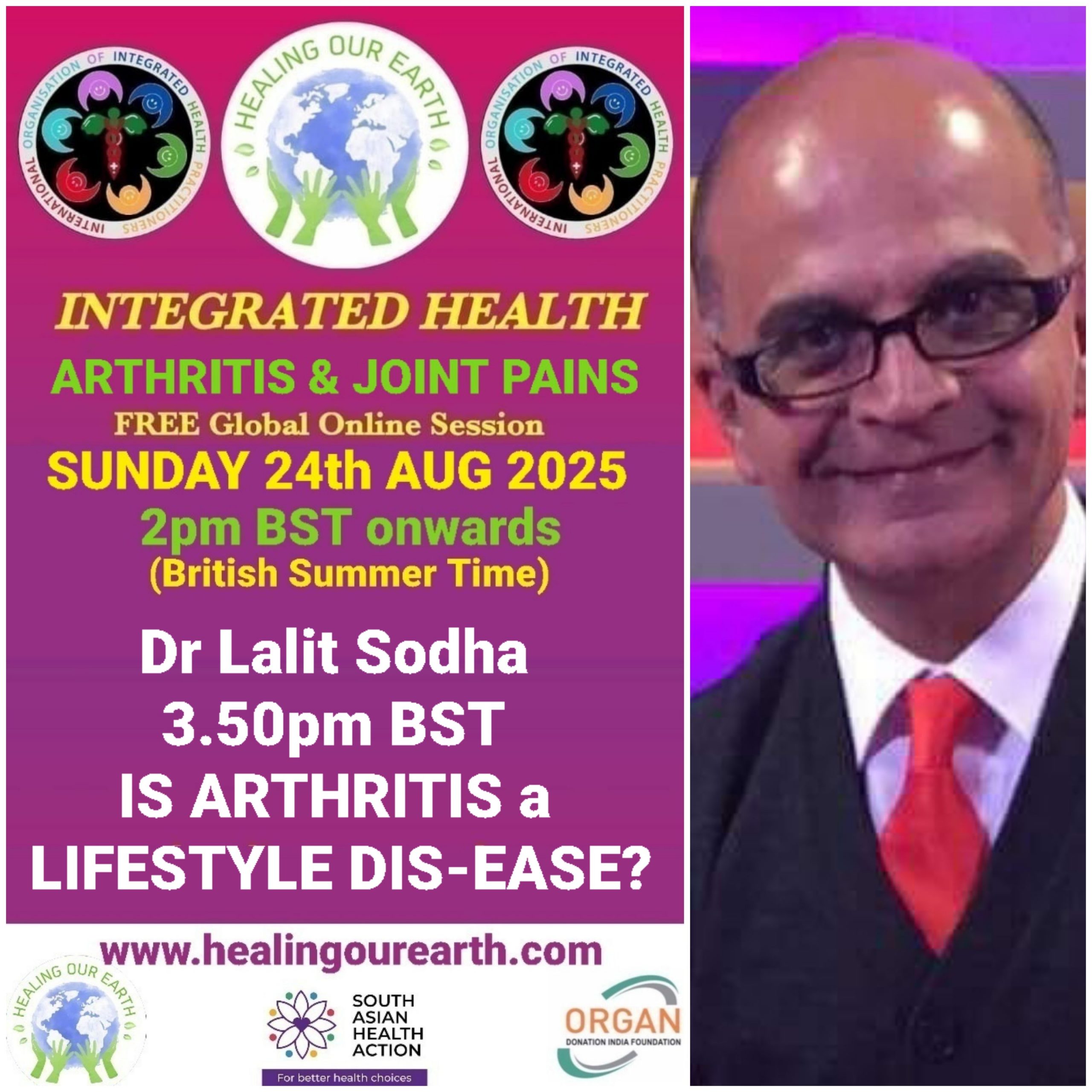 A promotional image for "Healing Our Earth" featuring logos for Organ Donation India Foundation and South Asian Health Action. The event titled "Integrated Health: Transforming Healthcare" is a free global online episode on Sunday, 17th November, starting at 2pm GMT. Website included.