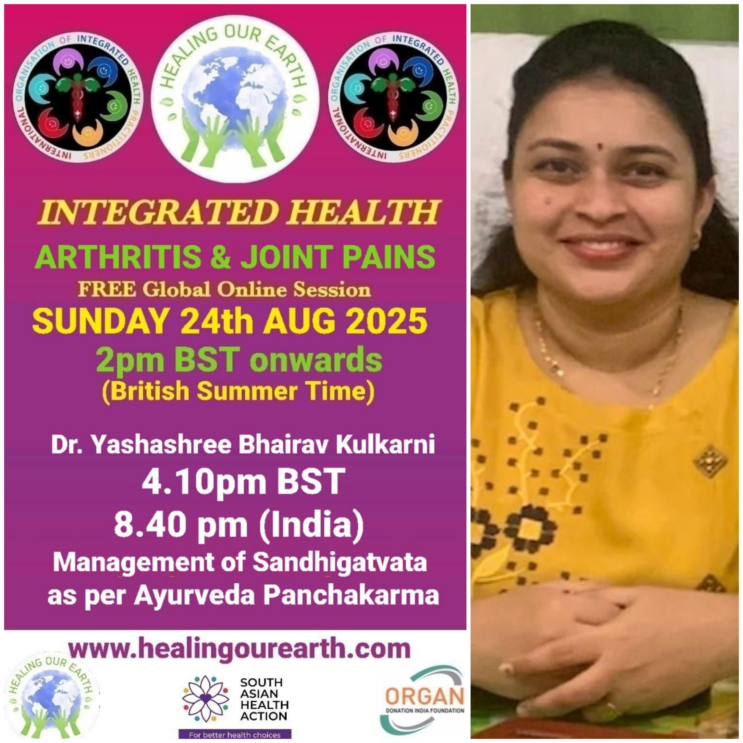 A promotional image for "Healing Our Earth" featuring logos for Organ Donation India Foundation and South Asian Health Action. The event titled "Integrated Health: Transforming Healthcare" is a free global online episode on Sunday, 17th November, starting at 2pm GMT. Website included.