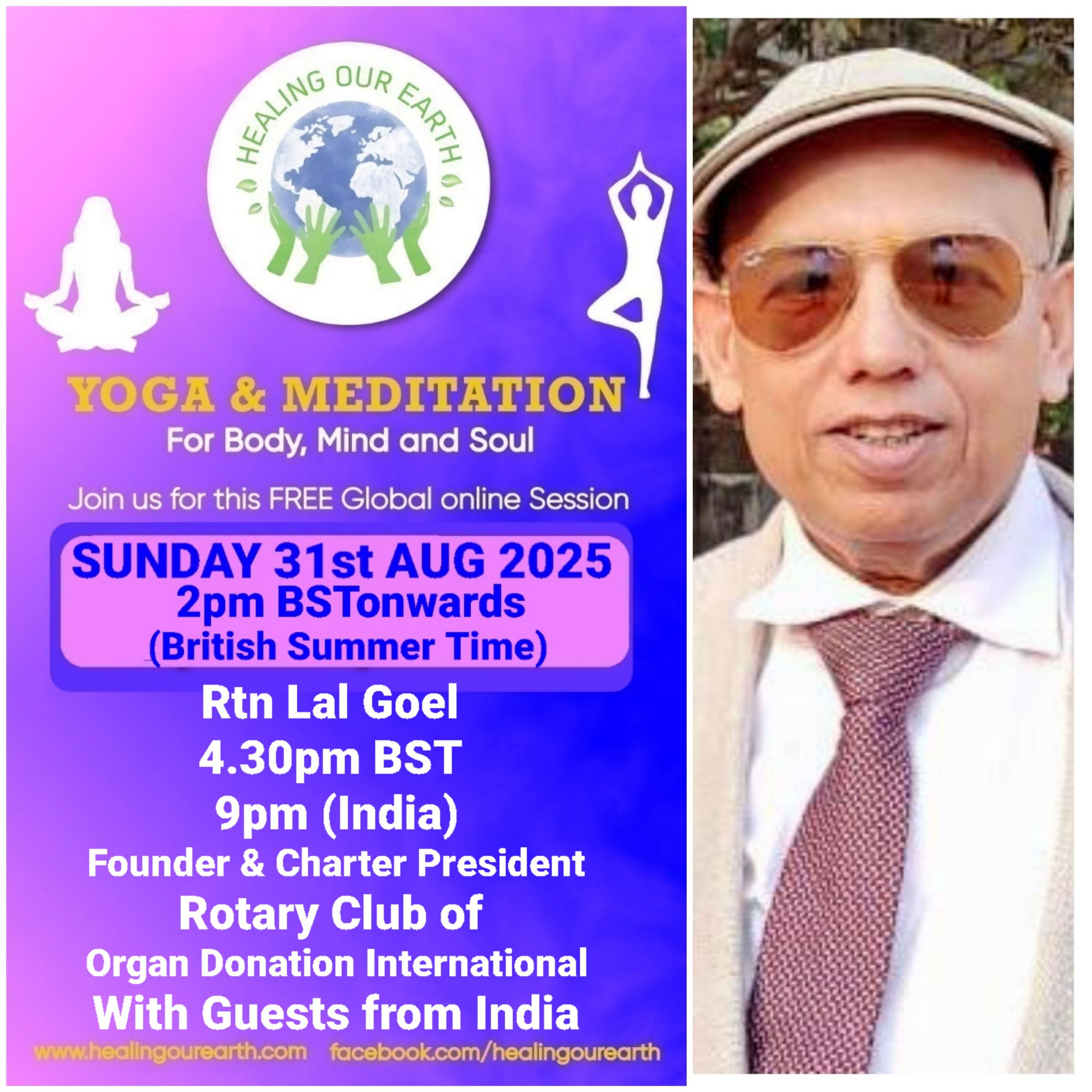 A collage of profiles for a yoga and meditation event, featuring 16 diverse individuals with their names, event roles, and session details like times and topics. Includes social media links, a healingourarth.net website, and event logos. The background is purple with yellow accents.