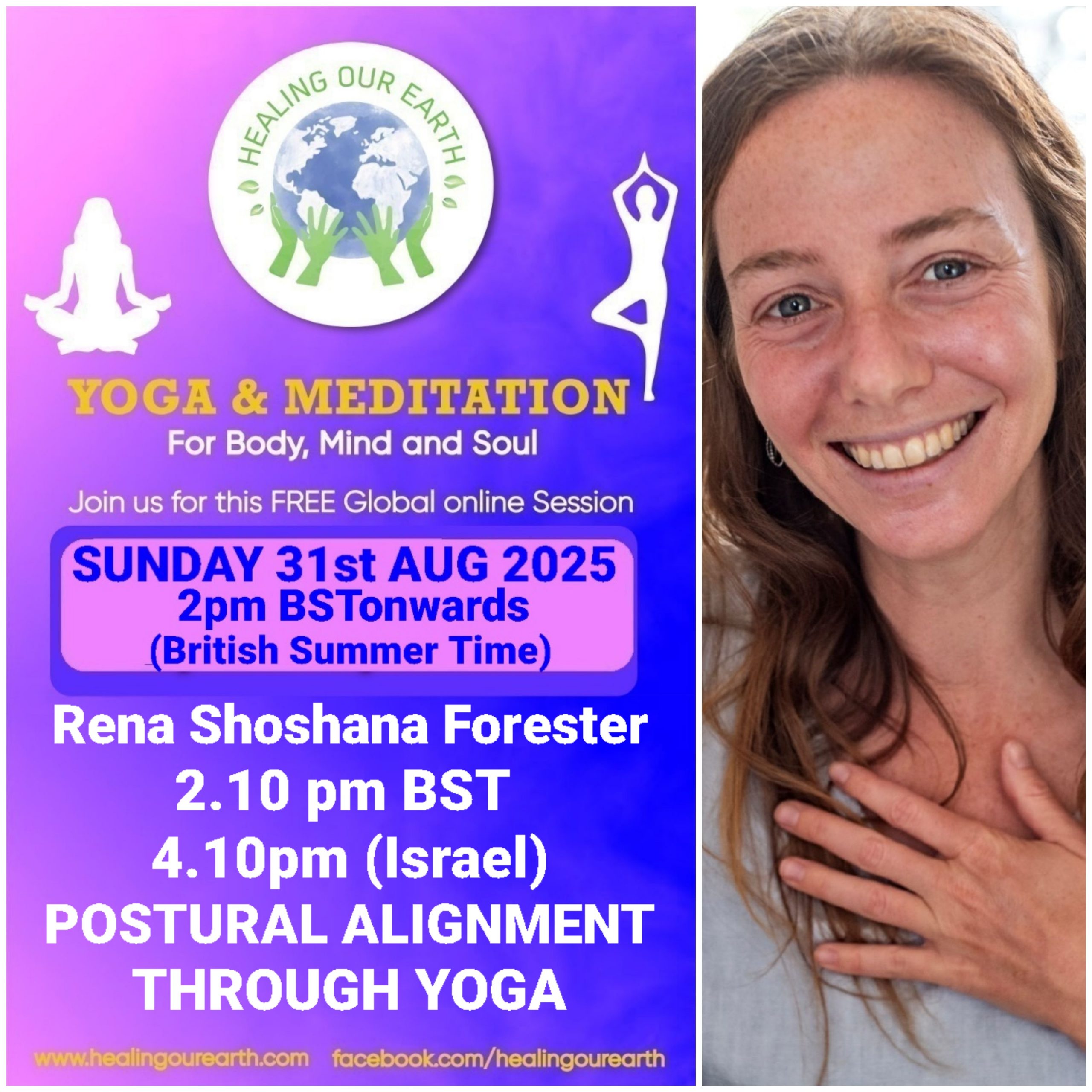 A collage of profiles for a yoga and meditation event, featuring 16 diverse individuals with their names, event roles, and session details like times and topics. Includes social media links, a healingourarth.net website, and event logos. The background is purple with yellow accents.