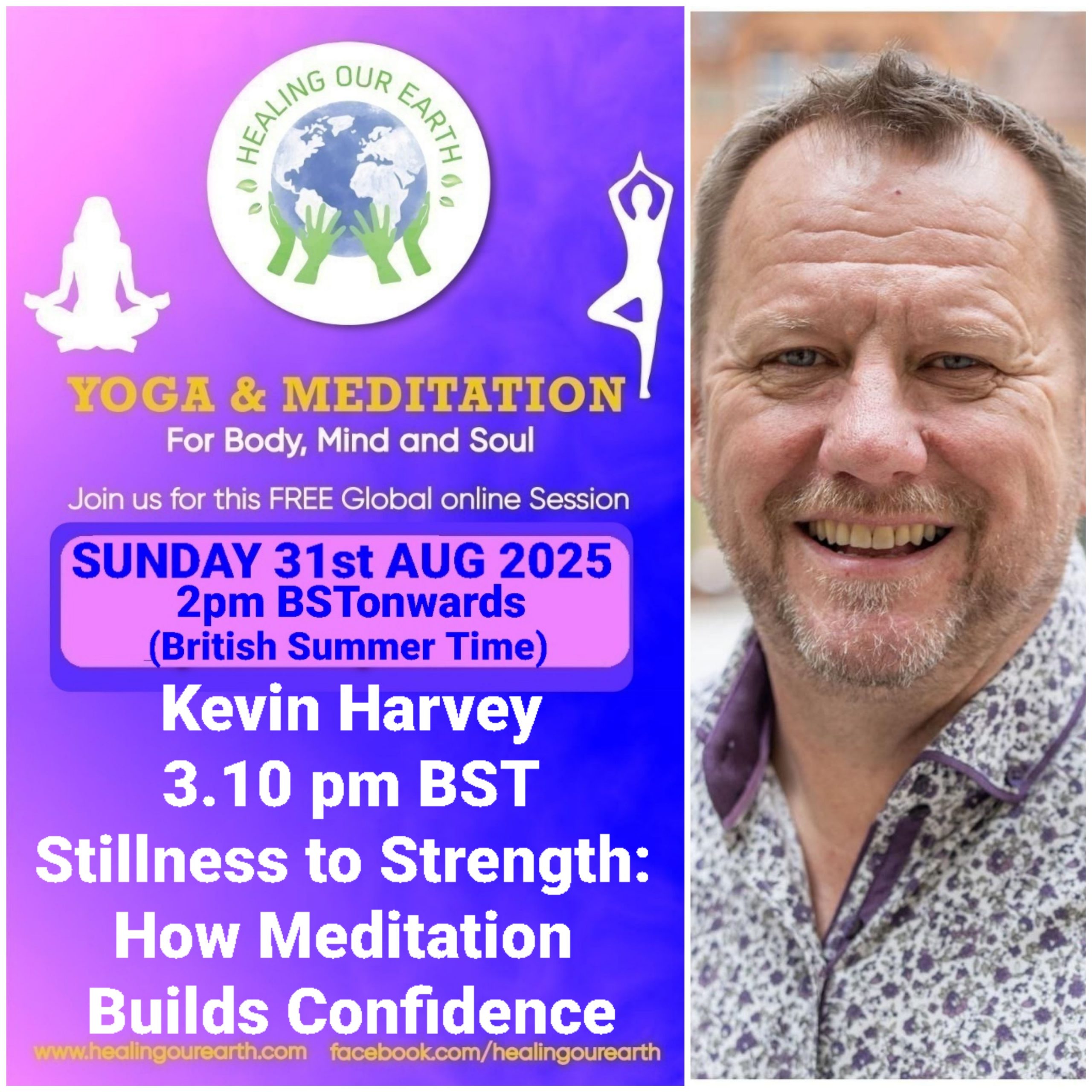 A collage of profiles for a yoga and meditation event, featuring 16 diverse individuals with their names, event roles, and session details like times and topics. Includes social media links, a healingourarth.net website, and event logos. The background is purple with yellow accents.