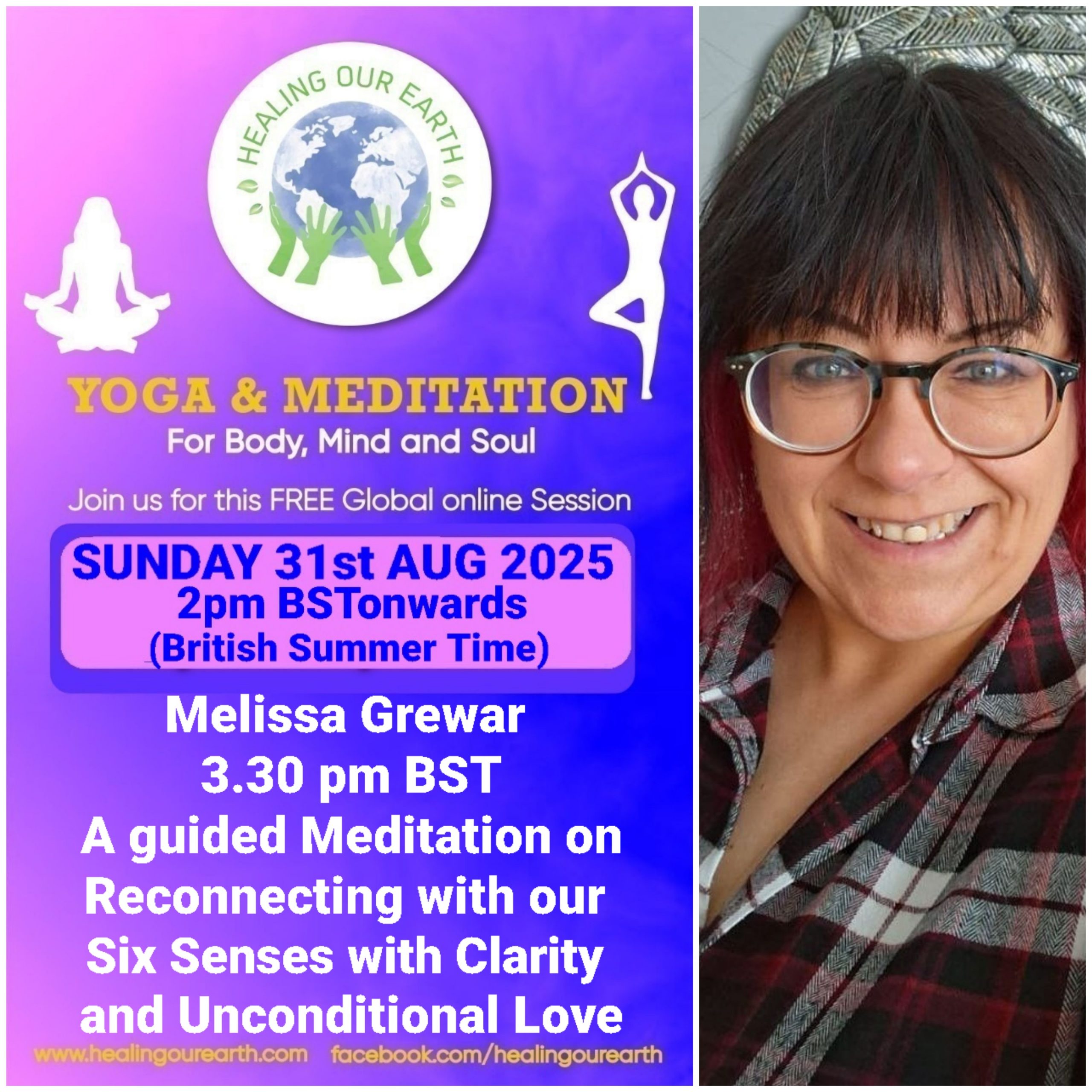 A collage of profiles for a yoga and meditation event, featuring 16 diverse individuals with their names, event roles, and session details like times and topics. Includes social media links, a healingourarth.net website, and event logos. The background is purple with yellow accents.