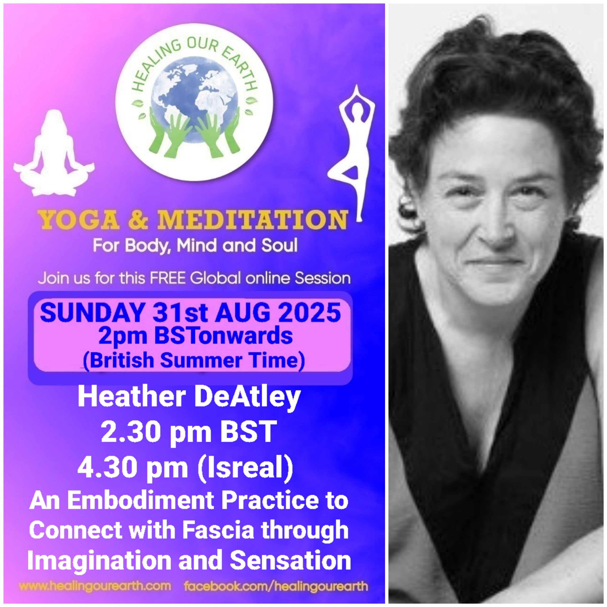 A collage of profiles for a yoga and meditation event, featuring 16 diverse individuals with their names, event roles, and session details like times and topics. Includes social media links, a healingourarth.net website, and event logos. The background is purple with yellow accents.