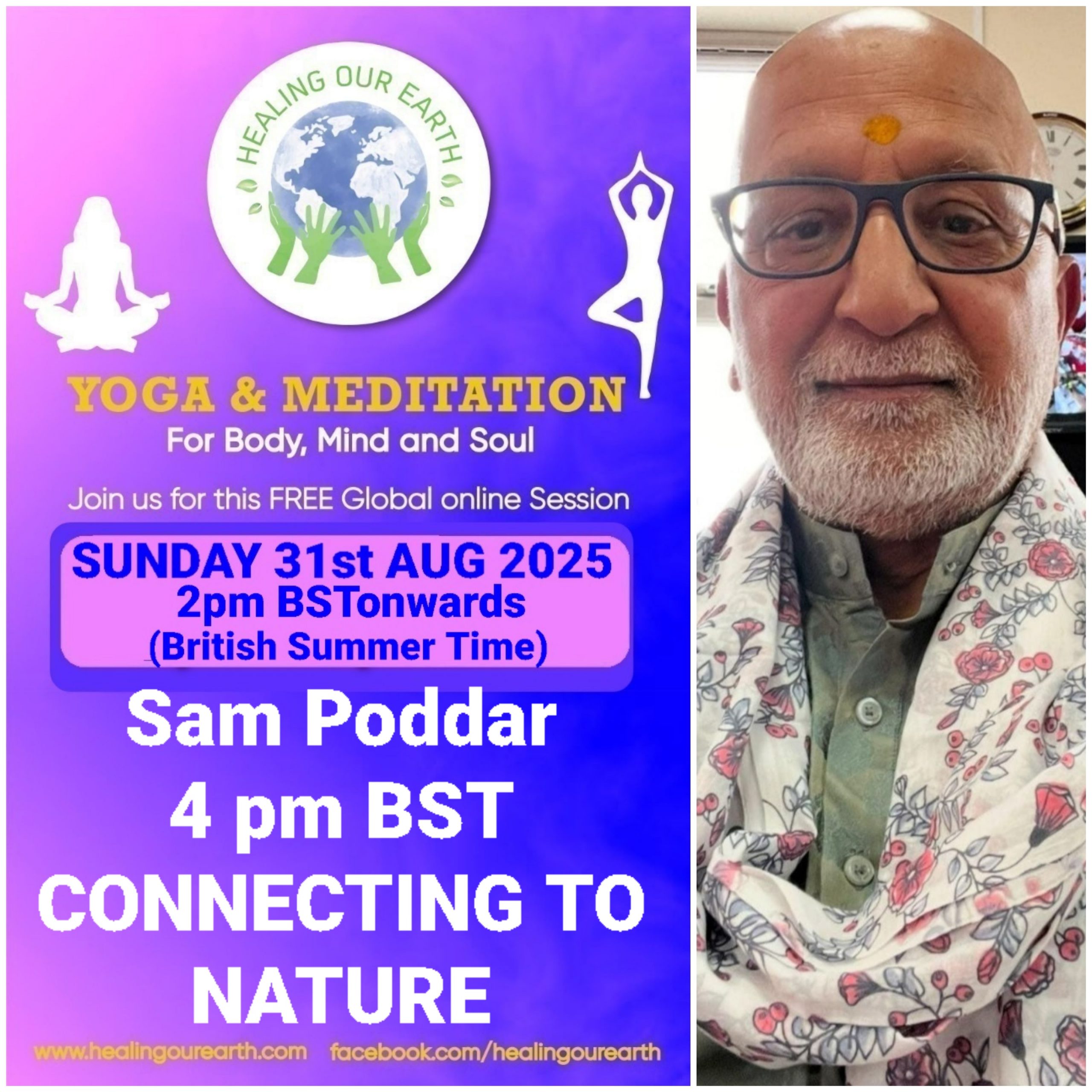 A collage of profiles for a yoga and meditation event, featuring 16 diverse individuals with their names, event roles, and session details like times and topics. Includes social media links, a healingourarth.net website, and event logos. The background is purple with yellow accents.