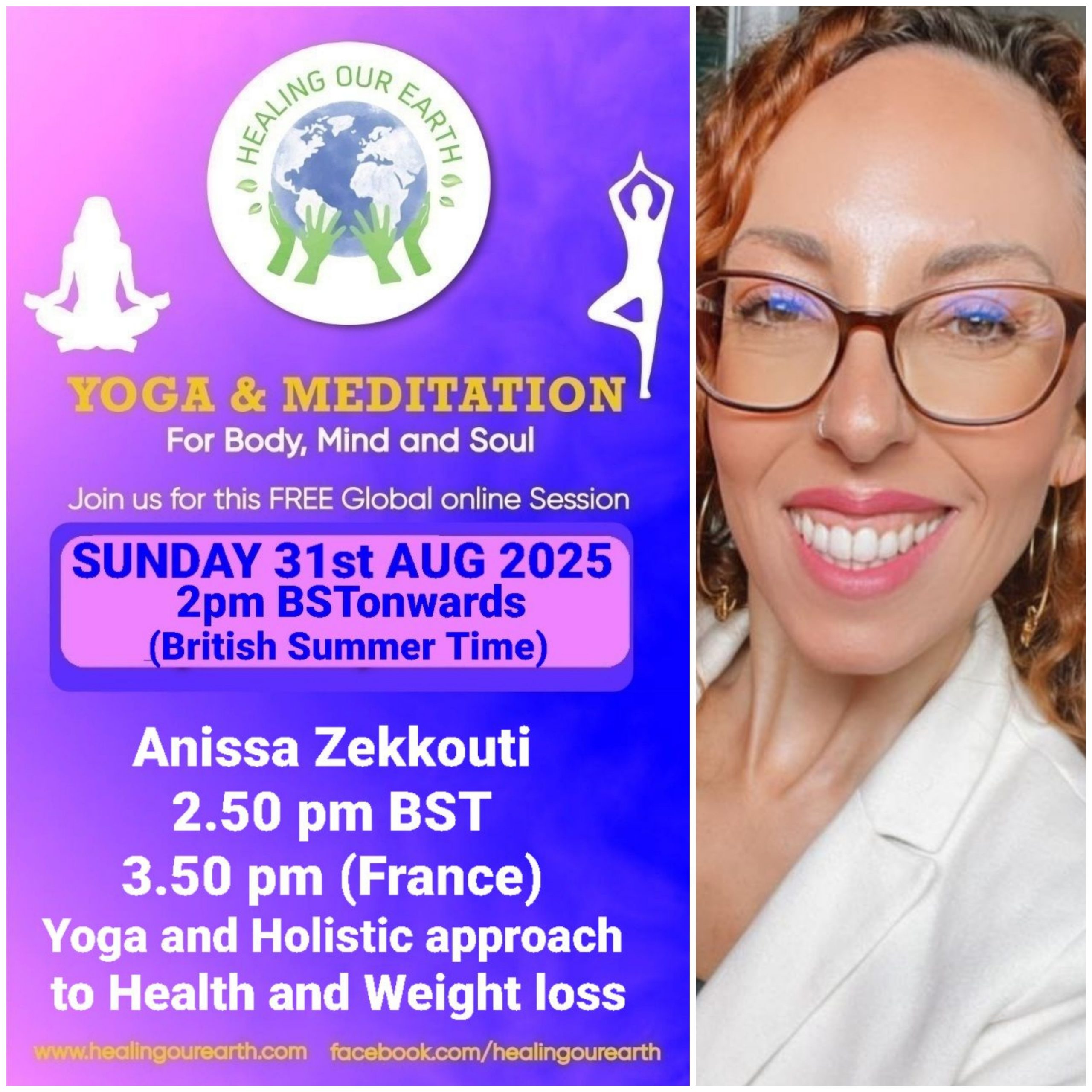 A collage of profiles for a yoga and meditation event, featuring 16 diverse individuals with their names, event roles, and session details like times and topics. Includes social media links, a healingourarth.net website, and event logos. The background is purple with yellow accents.
