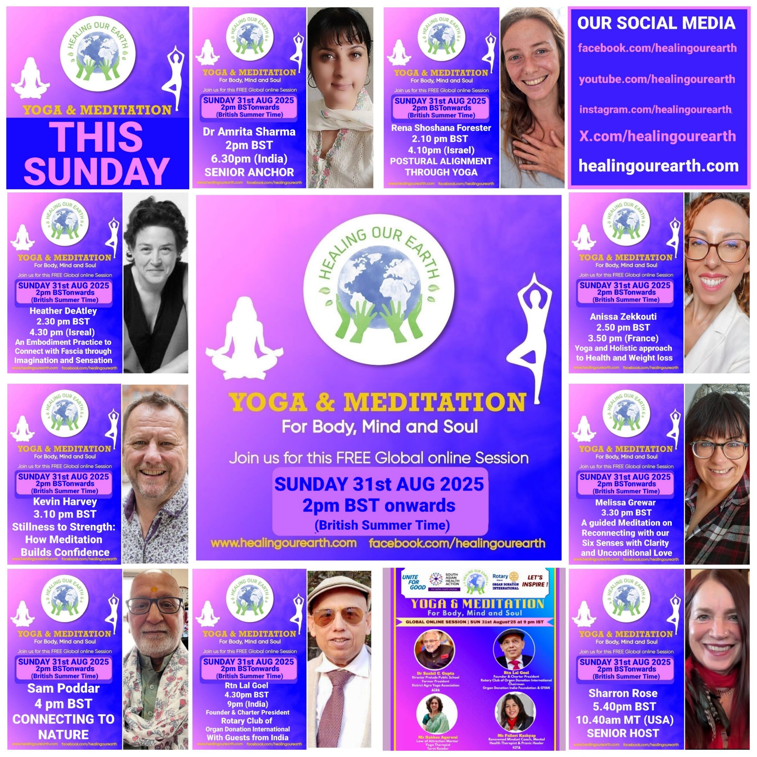 A collage of profiles for a yoga and meditation event, featuring 16 diverse individuals with their names, event roles, and session details like times and topics. Includes social media links, a healingourarth.net website, and event logos. The background is purple with yellow accents.