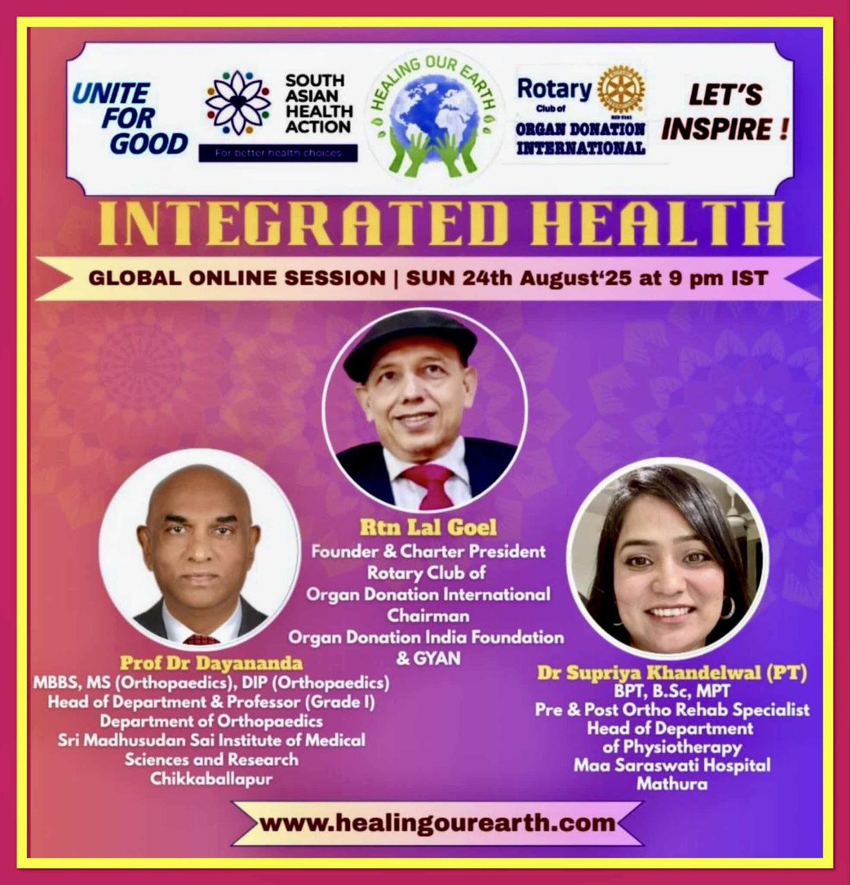 A promotional image for "Healing Our Earth" featuring logos for Organ Donation India Foundation and South Asian Health Action. The event titled "Integrated Health: Transforming Healthcare" is a free global online episode on Sunday, 17th November, starting at 2pm GMT. Website included.