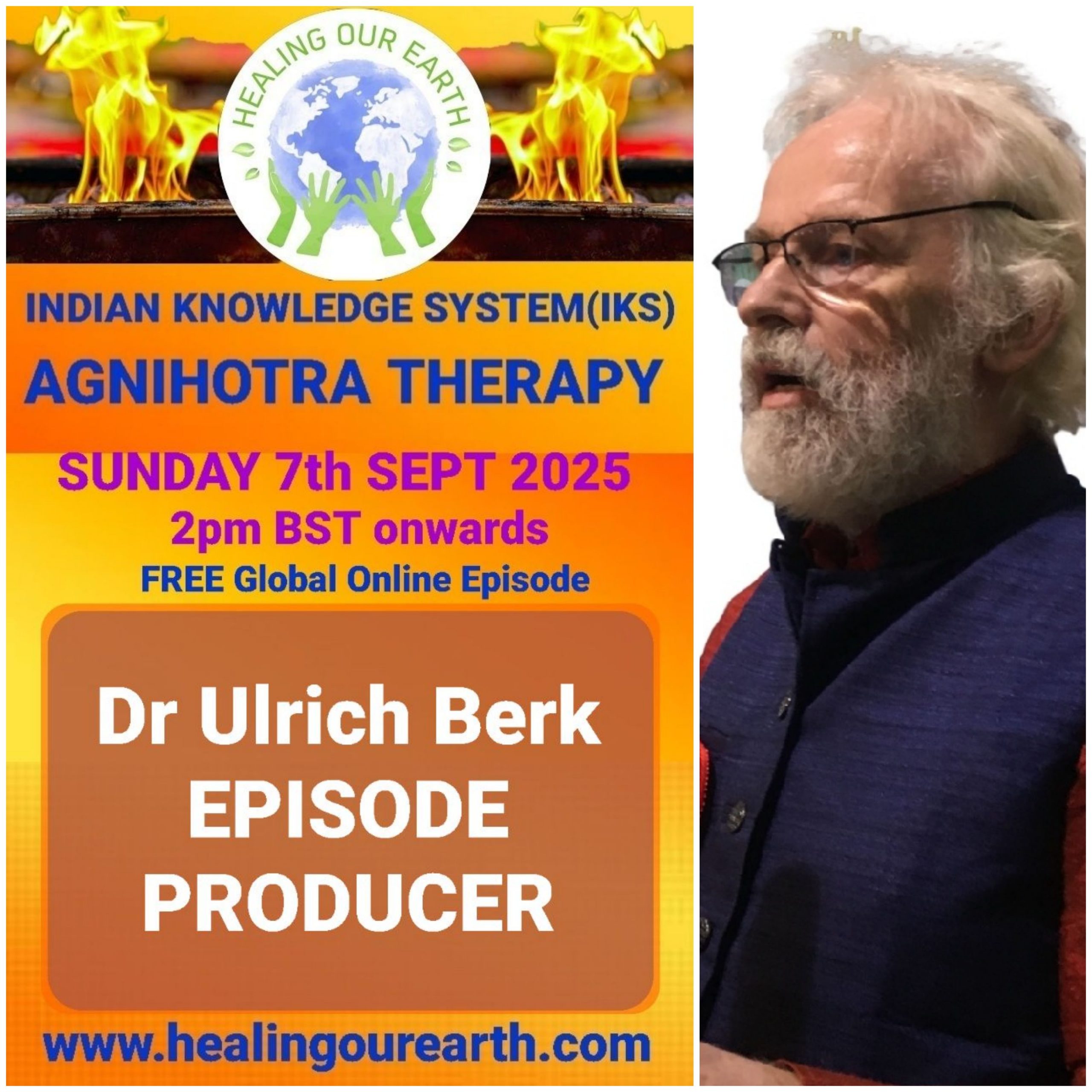 This is a promotional image for the "Guru Purnima Special" event hosted by Healing Our Earth. The event takes place on Sunday, 21st July 2024, starting at 2 PM BST. The image features a photo of Shashwat Sharma, the child host. The website www.healingourearth.com is also displayed.