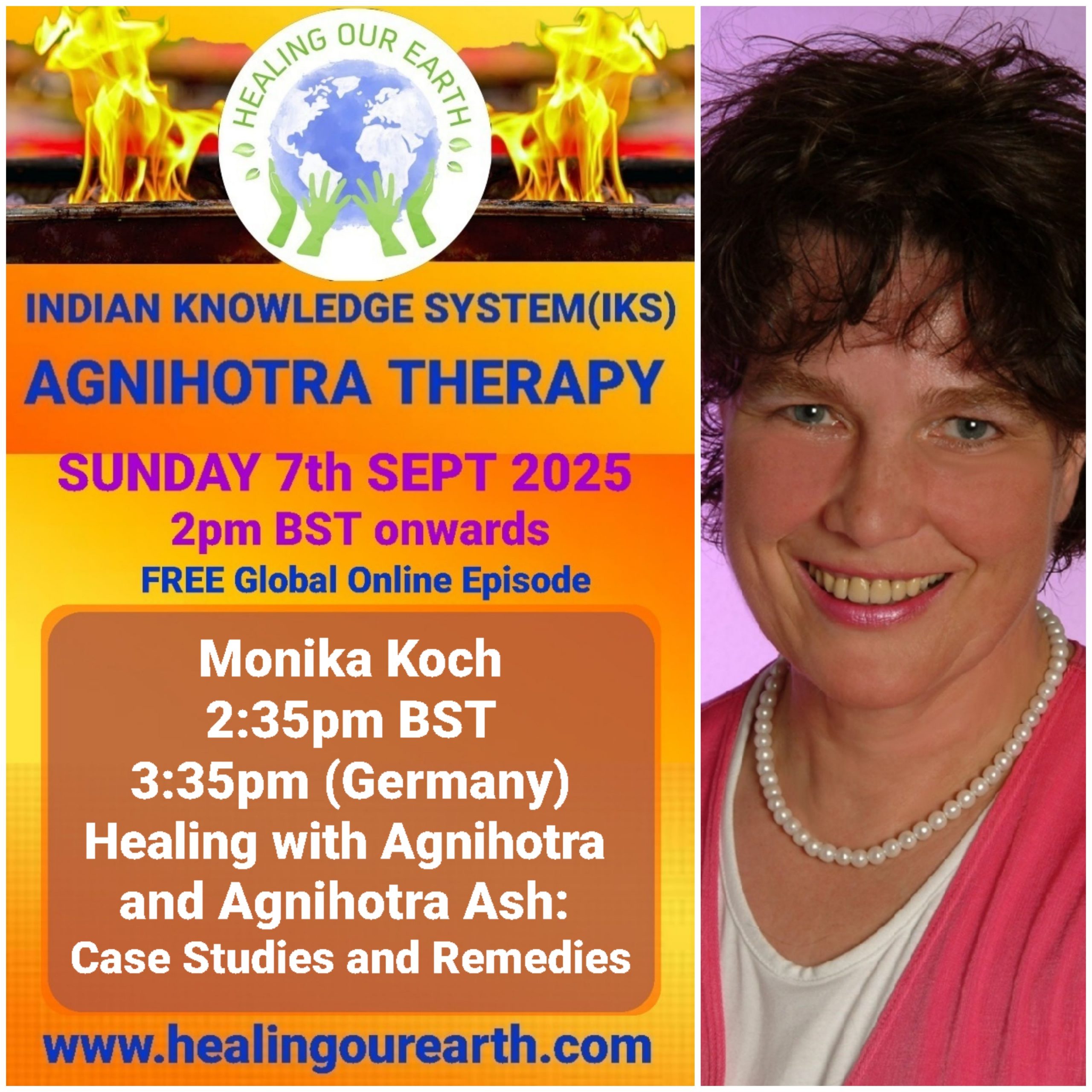 This is a promotional image for the "Guru Purnima Special" event hosted by Healing Our Earth. The event takes place on Sunday, 21st July 2024, starting at 2 PM BST. The image features a photo of Shashwat Sharma, the child host. The website www.healingourearth.com is also displayed.