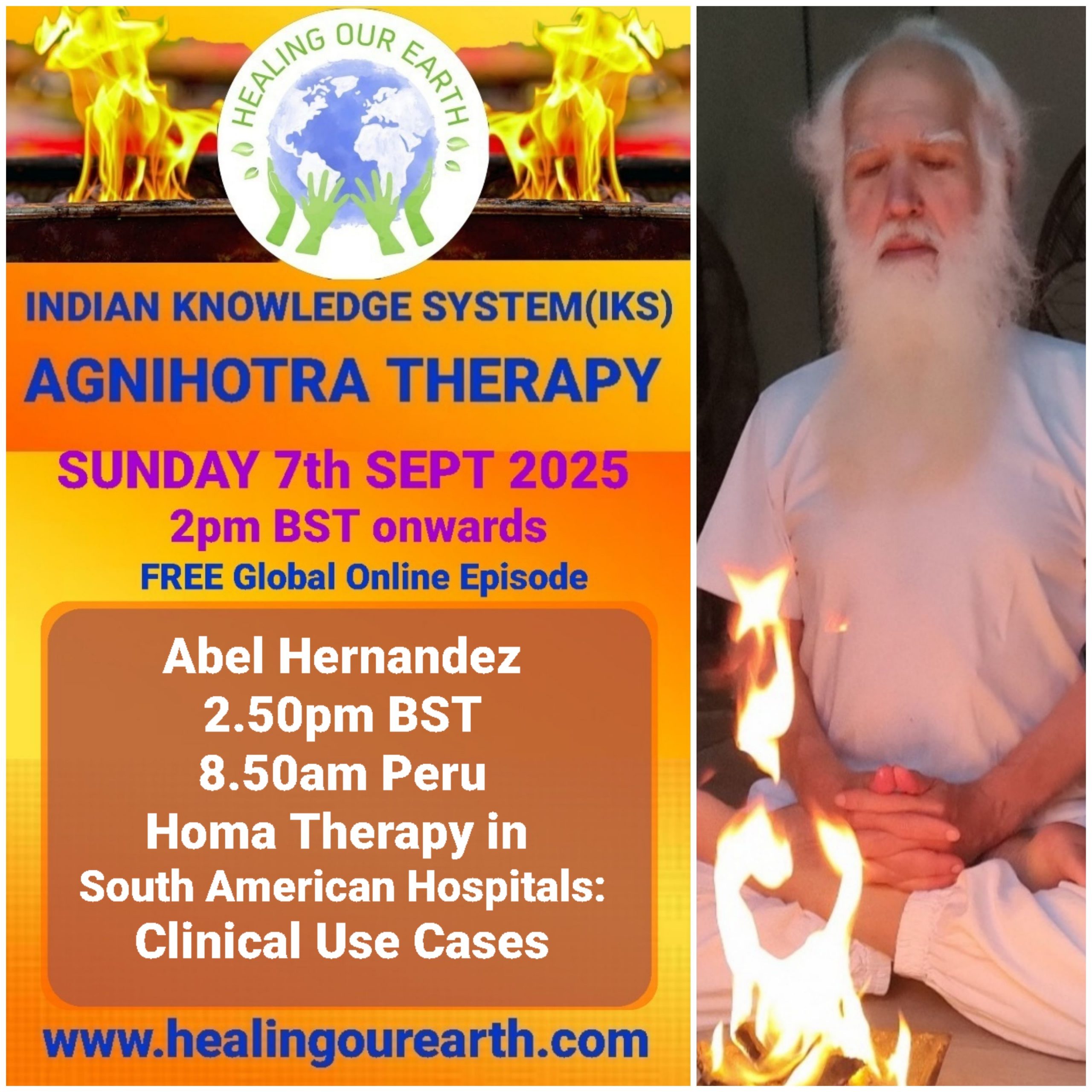 This is a promotional image for the "Guru Purnima Special" event hosted by Healing Our Earth. The event takes place on Sunday, 21st July 2024, starting at 2 PM BST. The image features a photo of Shashwat Sharma, the child host. The website www.healingourearth.com is also displayed.