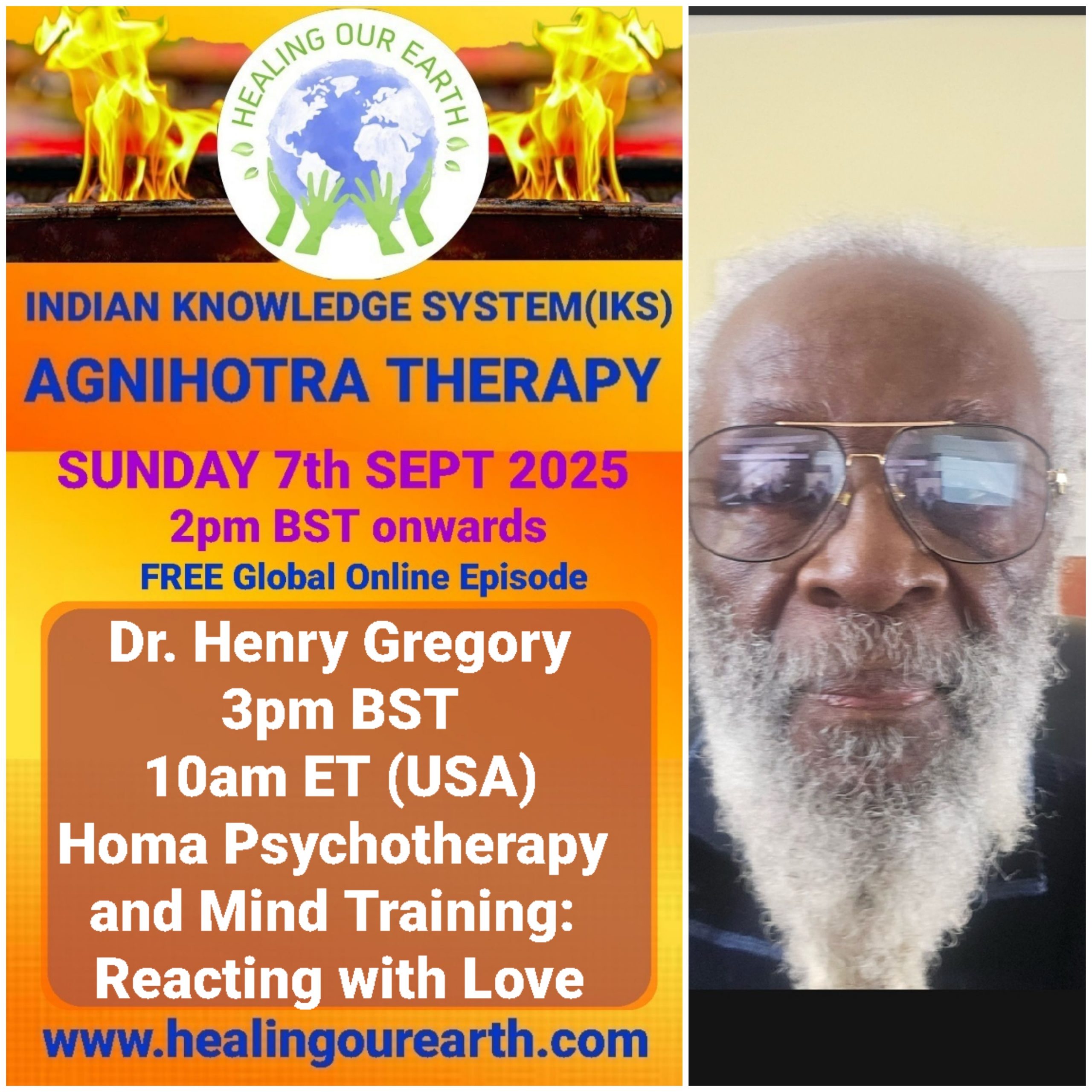 This is a promotional image for the "Guru Purnima Special" event hosted by Healing Our Earth. The event takes place on Sunday, 21st July 2024, starting at 2 PM BST. The image features a photo of Shashwat Sharma, the child host. The website www.healingourearth.com is also displayed.