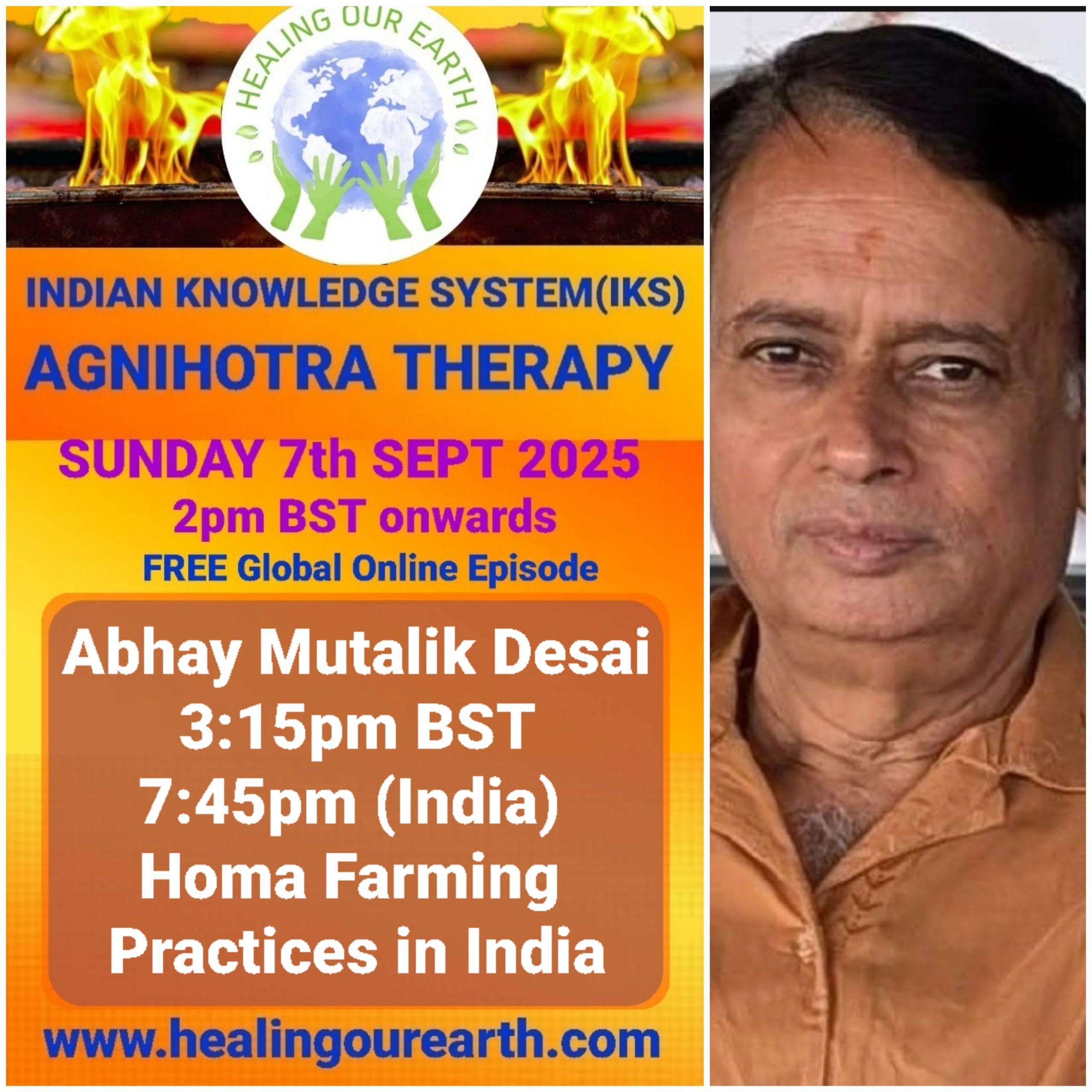 This is a promotional image for the "Guru Purnima Special" event hosted by Healing Our Earth. The event takes place on Sunday, 21st July 2024, starting at 2 PM BST. The image features a photo of Shashwat Sharma, the child host. The website www.healingourearth.com is also displayed.