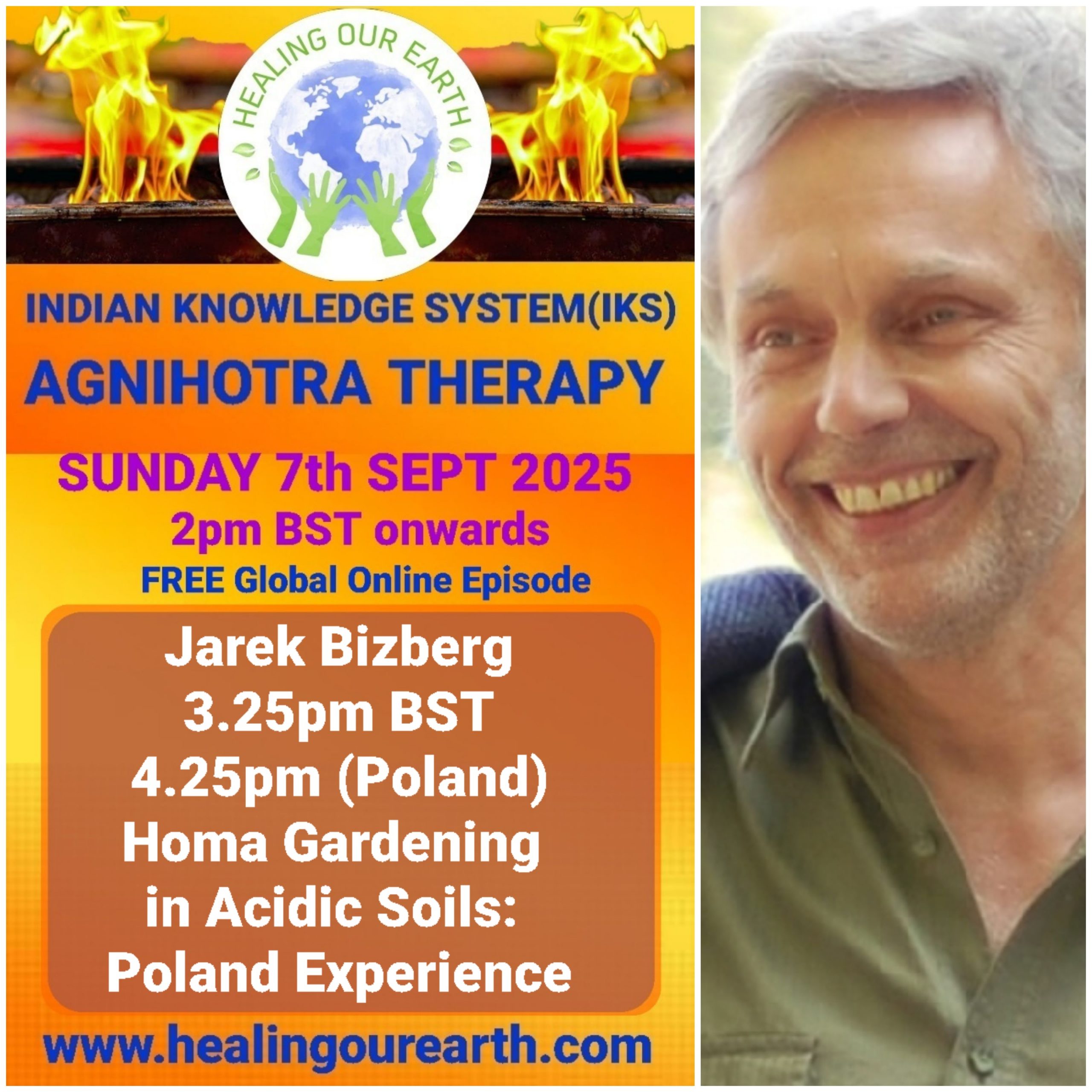 This is a promotional image for the "Guru Purnima Special" event hosted by Healing Our Earth. The event takes place on Sunday, 21st July 2024, starting at 2 PM BST. The image features a photo of Shashwat Sharma, the child host. The website www.healingourearth.com is also displayed.