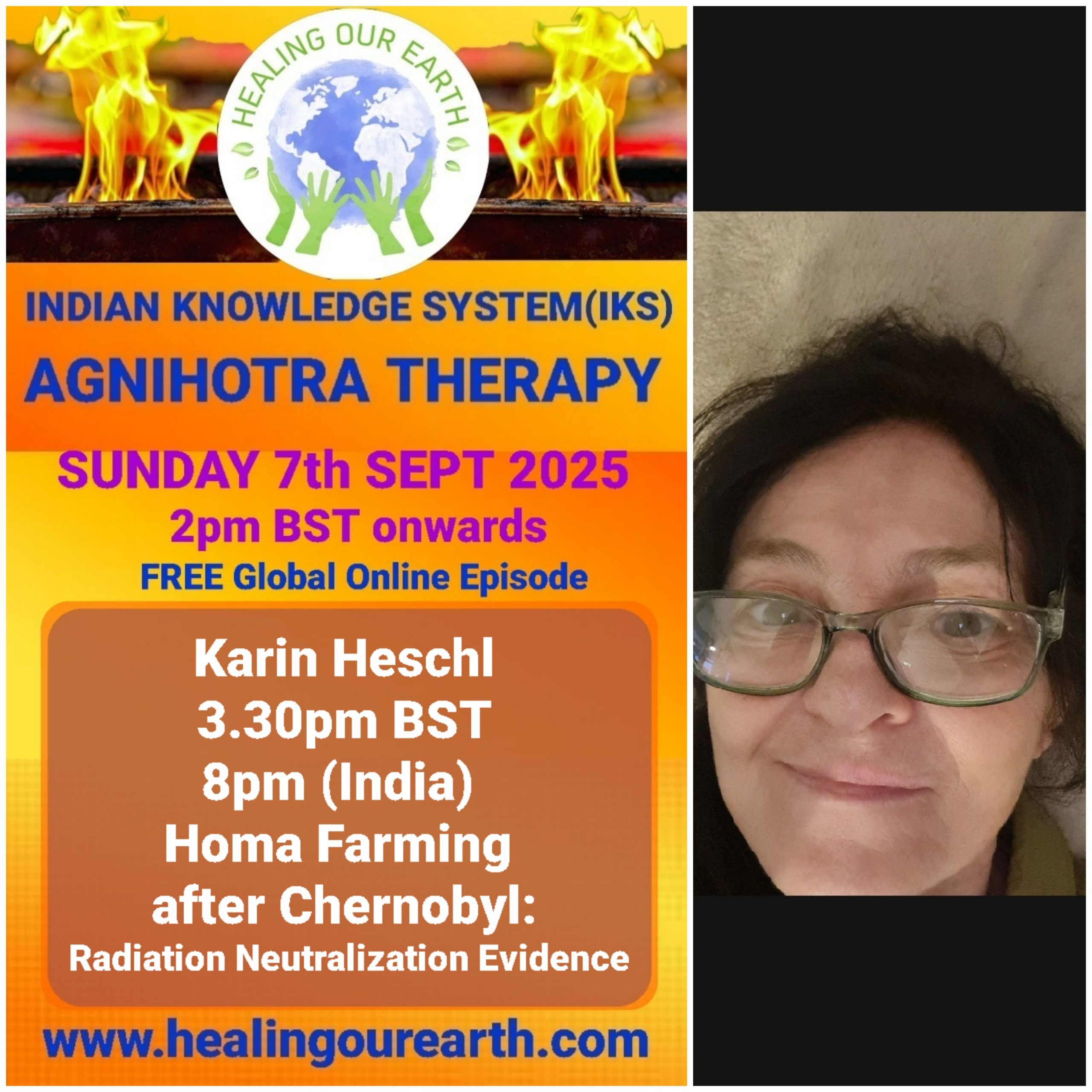 This is a promotional image for the "Guru Purnima Special" event hosted by Healing Our Earth. The event takes place on Sunday, 21st July 2024, starting at 2 PM BST. The image features a photo of Shashwat Sharma, the child host. The website www.healingourearth.com is also displayed.