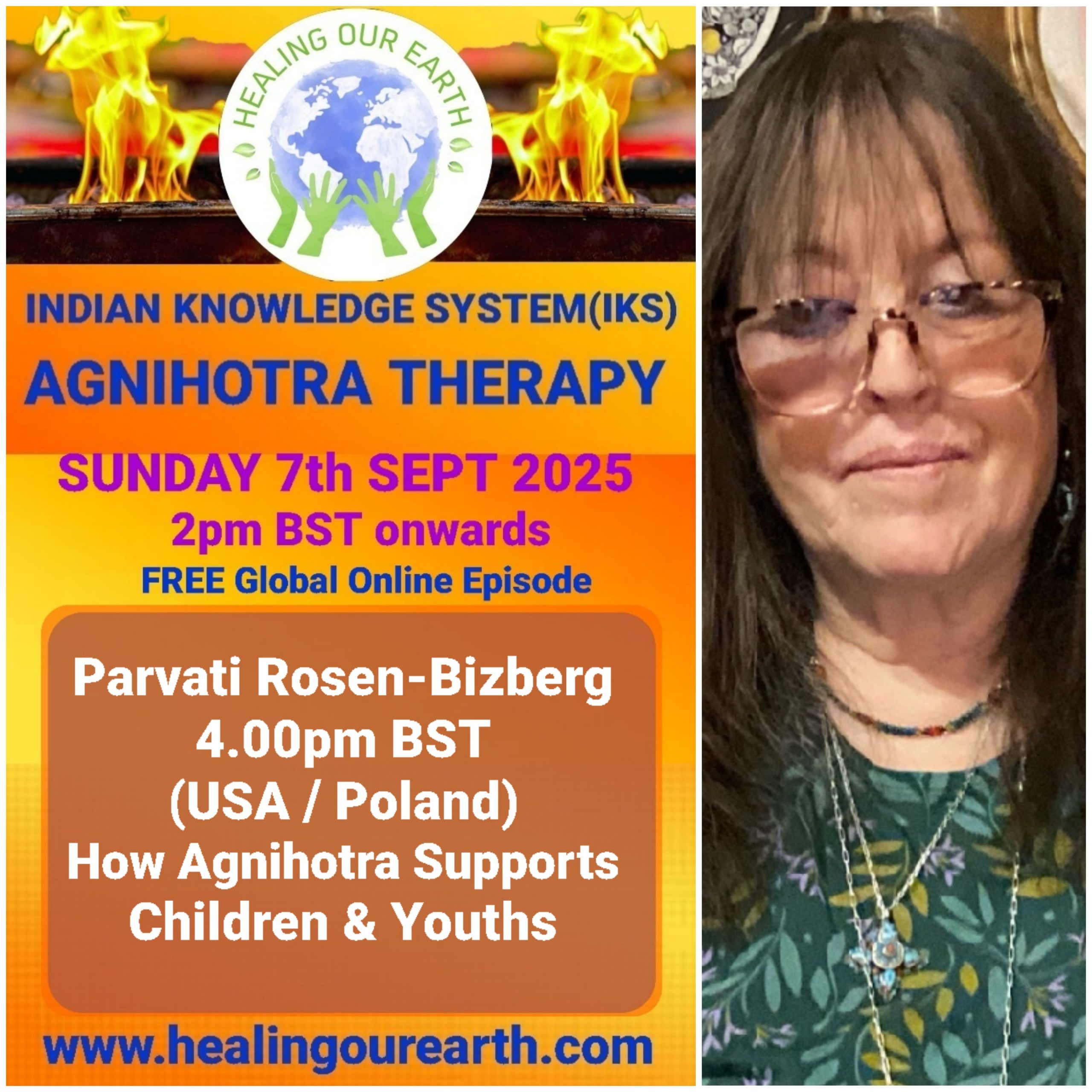This is a promotional image for the "Guru Purnima Special" event hosted by Healing Our Earth. The event takes place on Sunday, 21st July 2024, starting at 2 PM BST. The image features a photo of Shashwat Sharma, the child host. The website www.healingourearth.com is also displayed.