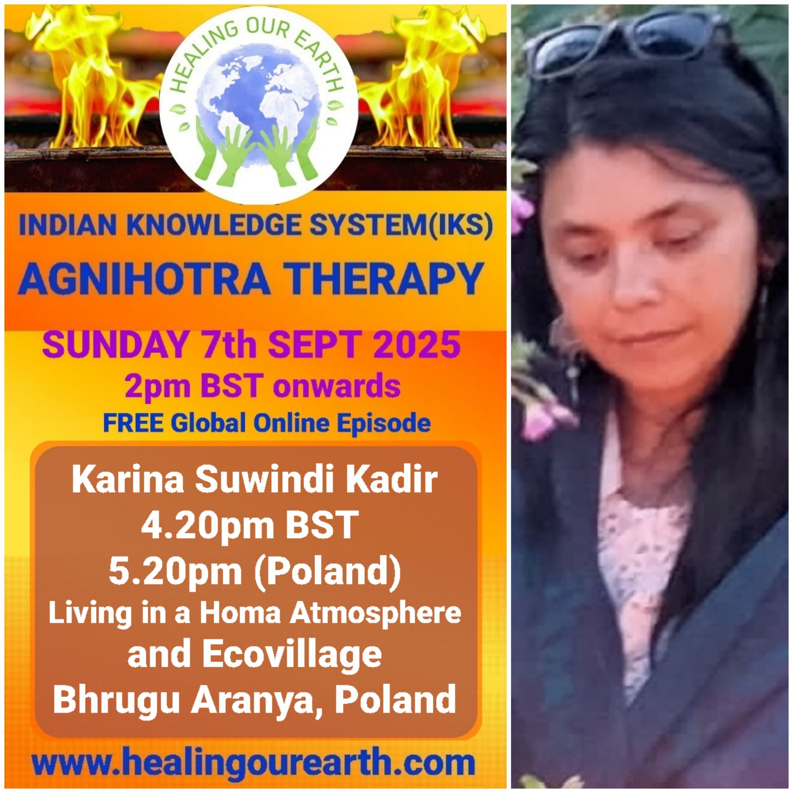 This is a promotional image for the "Guru Purnima Special" event hosted by Healing Our Earth. The event takes place on Sunday, 21st July 2024, starting at 2 PM BST. The image features a photo of Shashwat Sharma, the child host. The website www.healingourearth.com is also displayed.