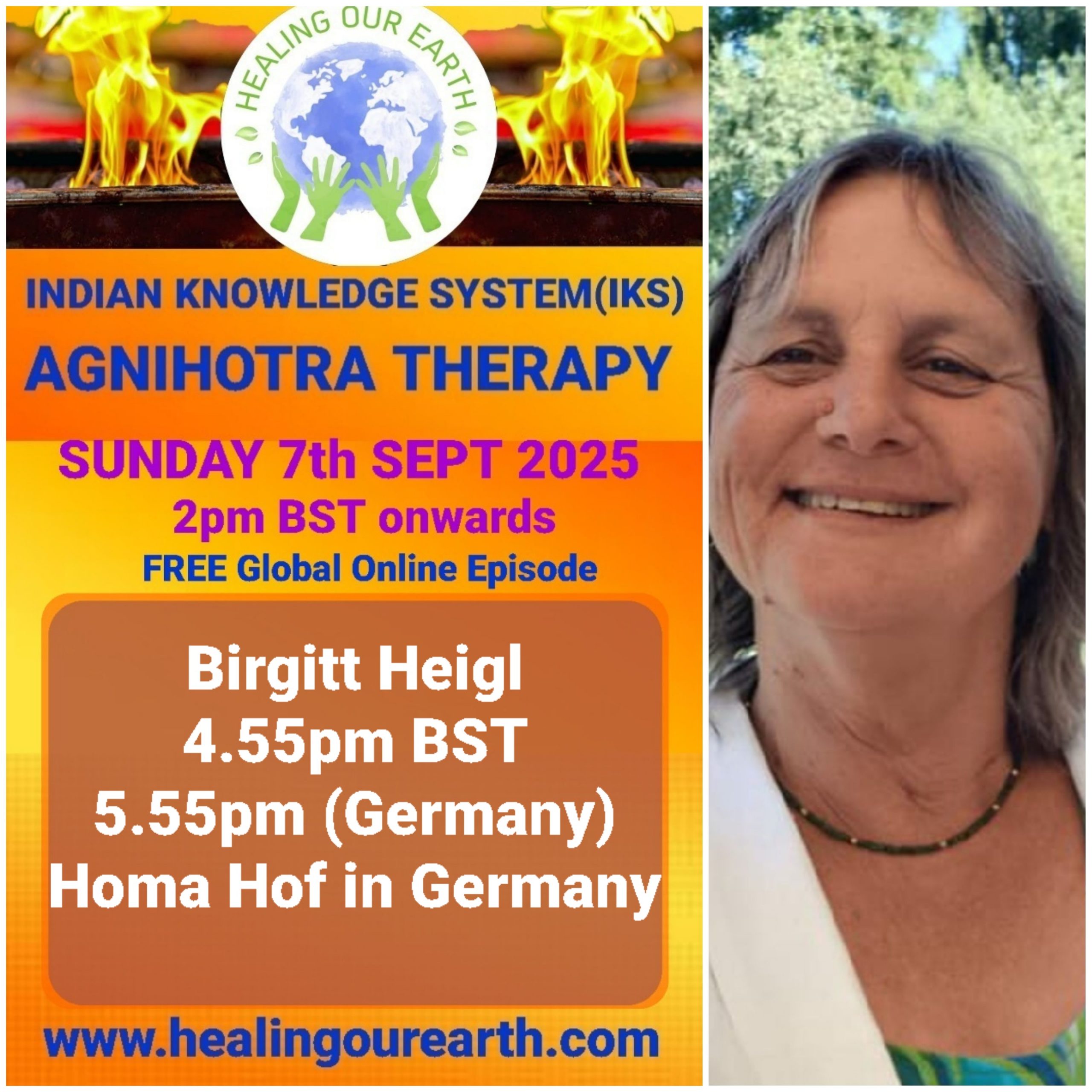 This is a promotional image for the "Guru Purnima Special" event hosted by Healing Our Earth. The event takes place on Sunday, 21st July 2024, starting at 2 PM BST. The image features a photo of Shashwat Sharma, the child host. The website www.healingourearth.com is also displayed.