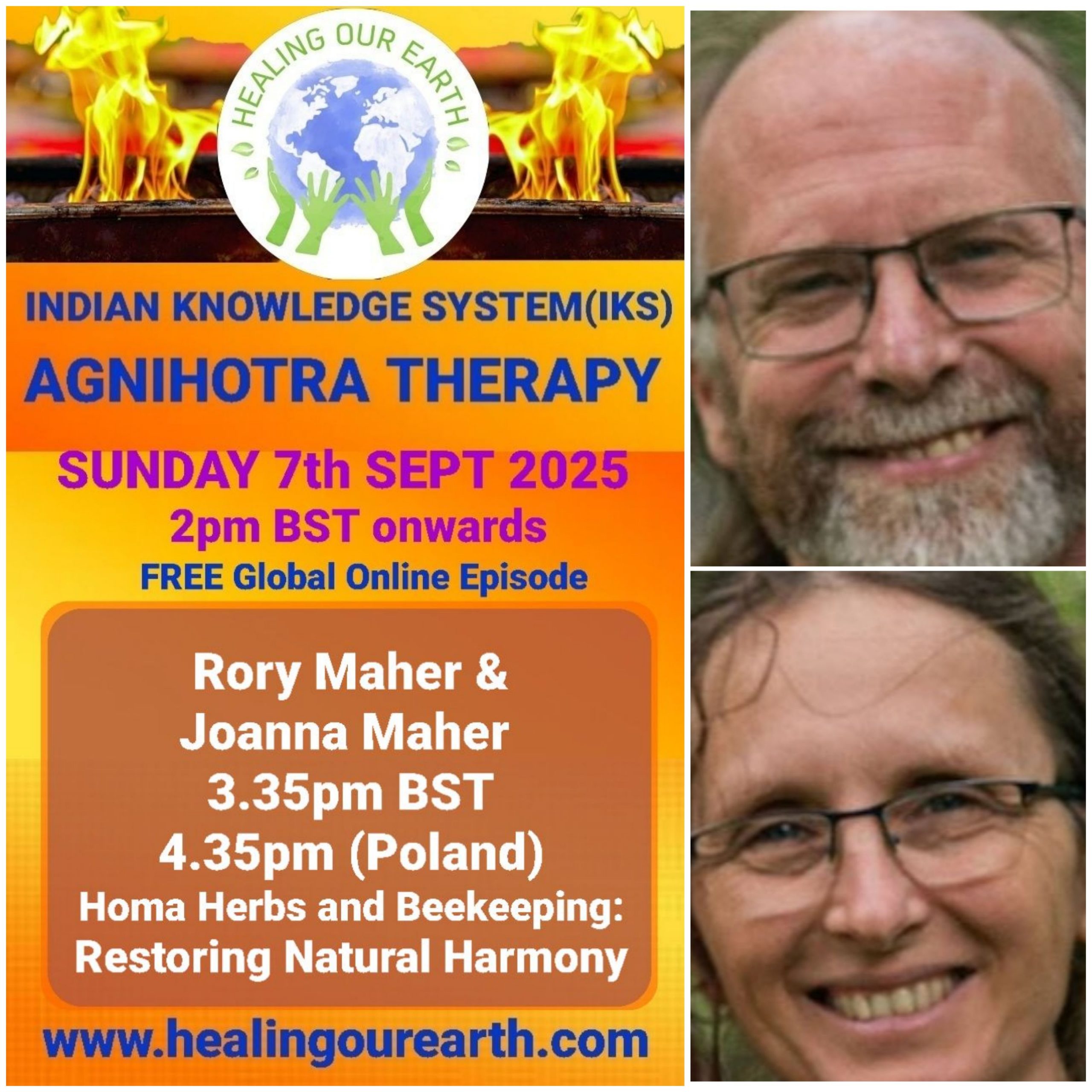 This is a promotional image for the "Guru Purnima Special" event hosted by Healing Our Earth. The event takes place on Sunday, 21st July 2024, starting at 2 PM BST. The image features a photo of Shashwat Sharma, the child host. The website www.healingourearth.com is also displayed.