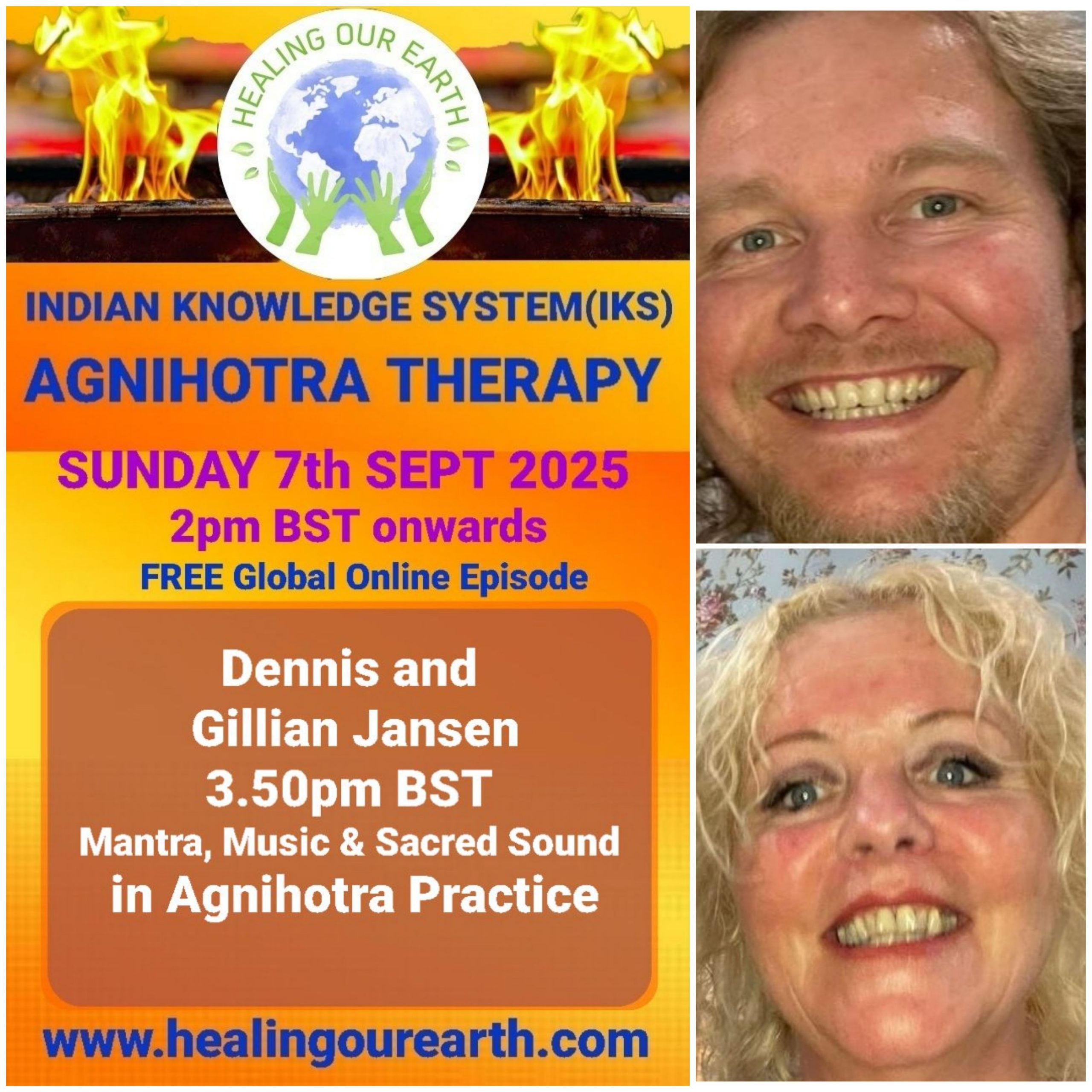 This is a promotional image for the "Guru Purnima Special" event hosted by Healing Our Earth. The event takes place on Sunday, 21st July 2024, starting at 2 PM BST. The image features a photo of Shashwat Sharma, the child host. The website www.healingourearth.com is also displayed.