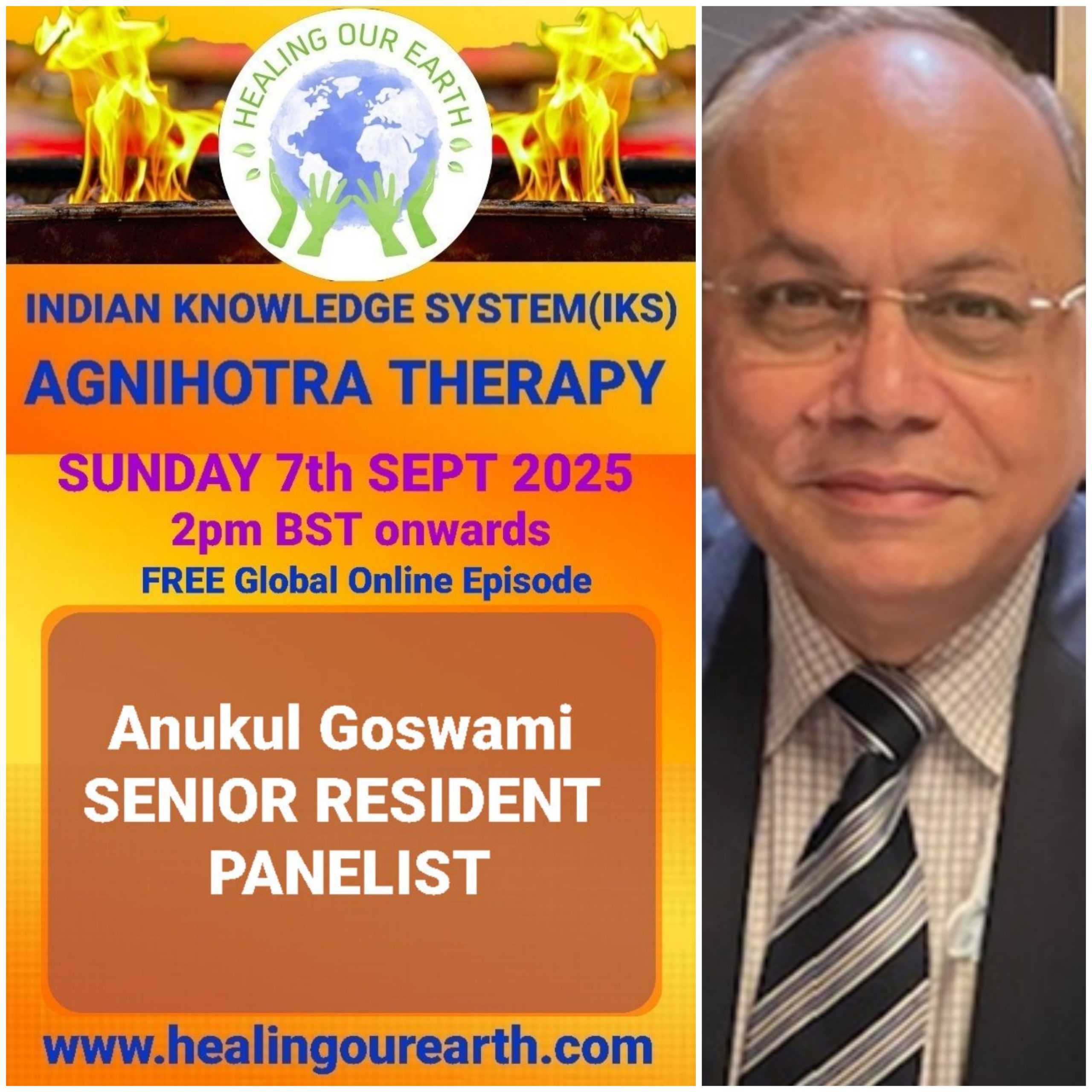 This is a promotional image for the "Guru Purnima Special" event hosted by Healing Our Earth. The event takes place on Sunday, 21st July 2024, starting at 2 PM BST. The image features a photo of Shashwat Sharma, the child host. The website www.healingourearth.com is also displayed.