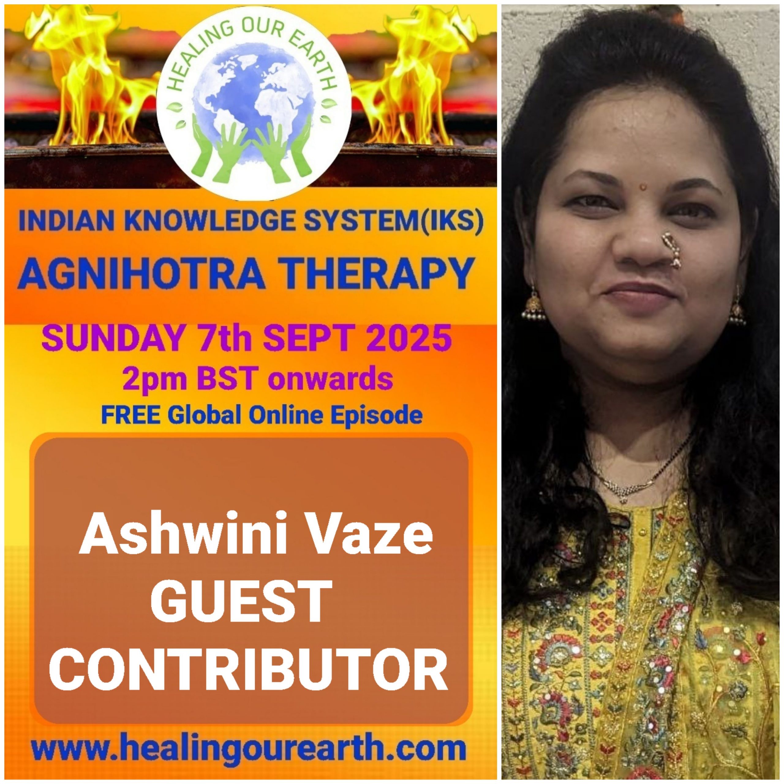 This is a promotional image for the "Guru Purnima Special" event hosted by Healing Our Earth. The event takes place on Sunday, 21st July 2024, starting at 2 PM BST. The image features a photo of Shashwat Sharma, the child host. The website www.healingourearth.com is also displayed.
