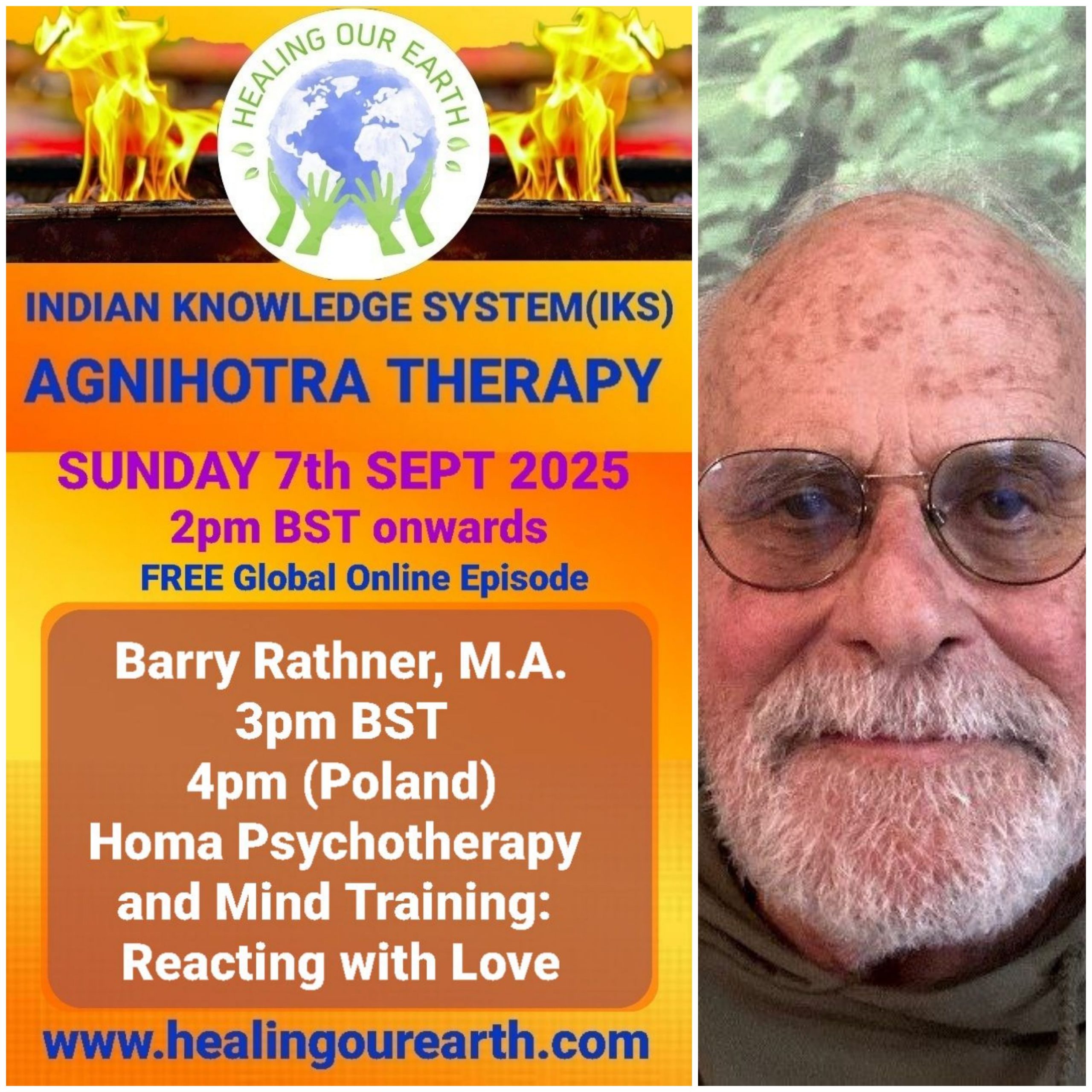 This is a promotional image for the "Guru Purnima Special" event hosted by Healing Our Earth. The event takes place on Sunday, 21st July 2024, starting at 2 PM BST. The image features a photo of Shashwat Sharma, the child host. The website www.healingourearth.com is also displayed.