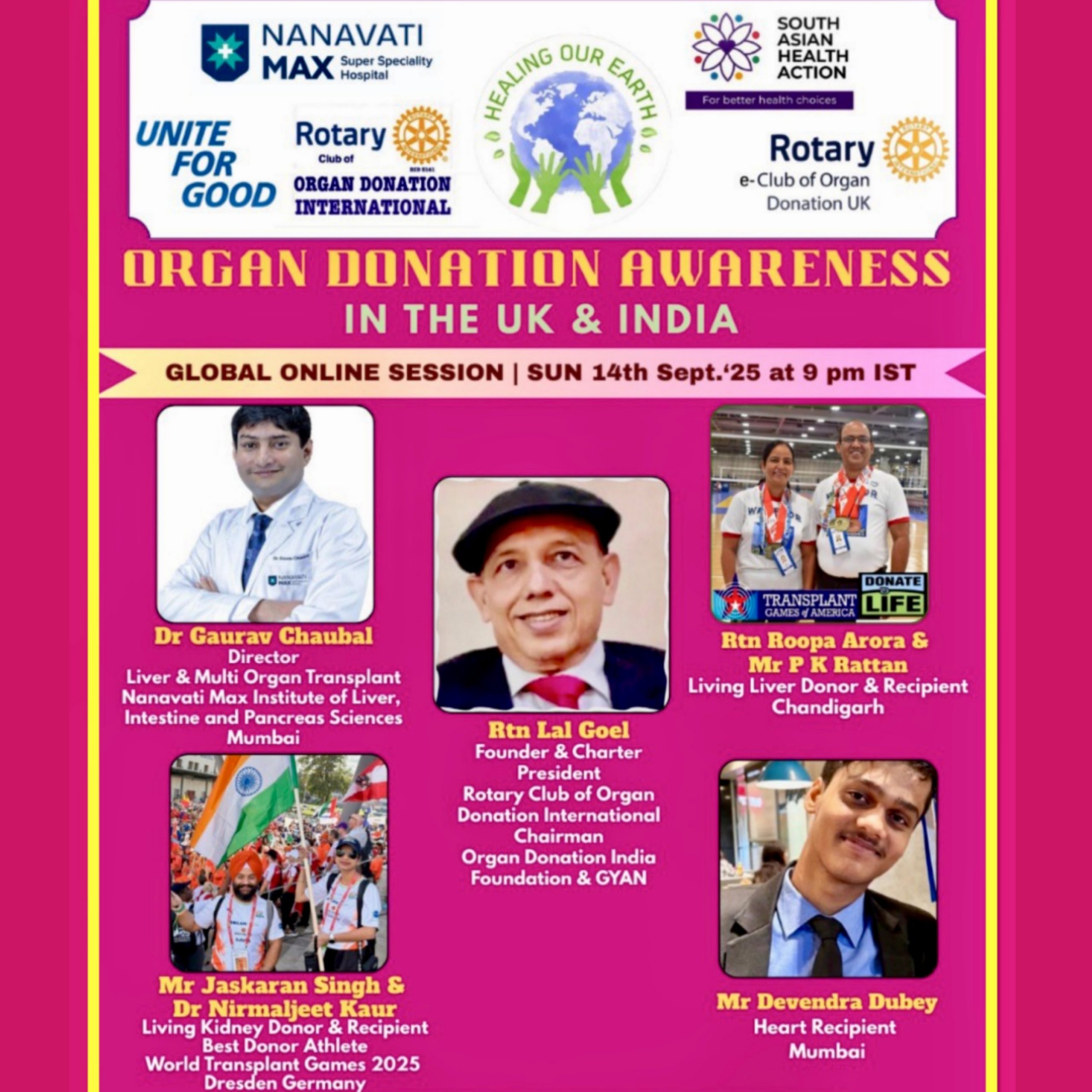 Promotional flyer for a free global online episode by the Rotary Club of Organ Donation UK. It features a man on the right, with text detailing the event information: "Healing Our Earth," "Producers: Kirit Mistry," "2 pm BST, 22nd Sept 2024," organized by the Rotary Club and South Asian Health Action.