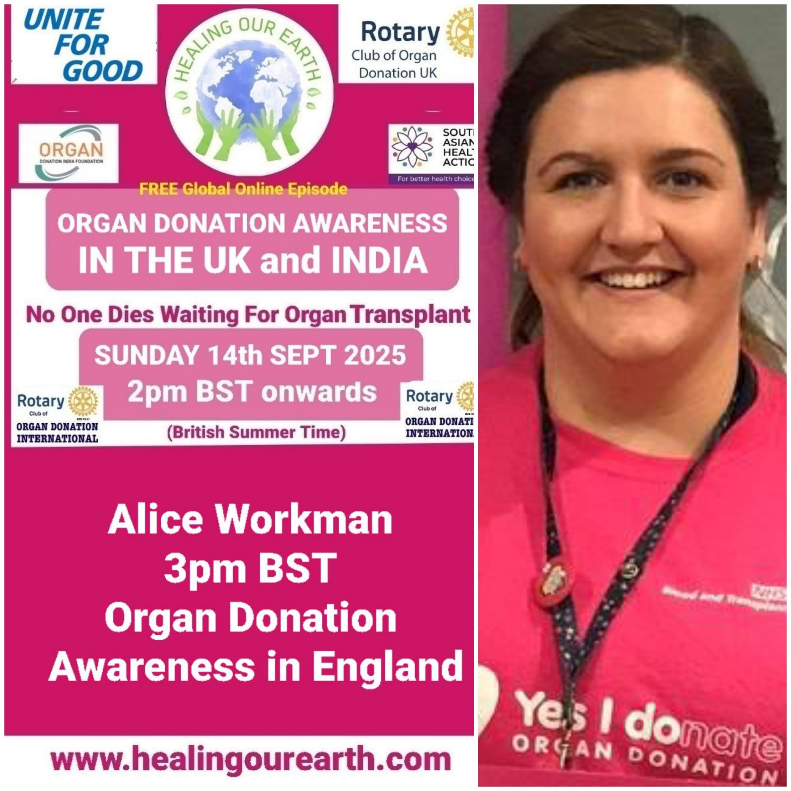 Promotional flyer for a free global online episode by the Rotary Club of Organ Donation UK. It features a man on the right, with text detailing the event information: "Healing Our Earth," "Producers: Kirit Mistry," "2 pm BST, 22nd Sept 2024," organized by the Rotary Club and South Asian Health Action.