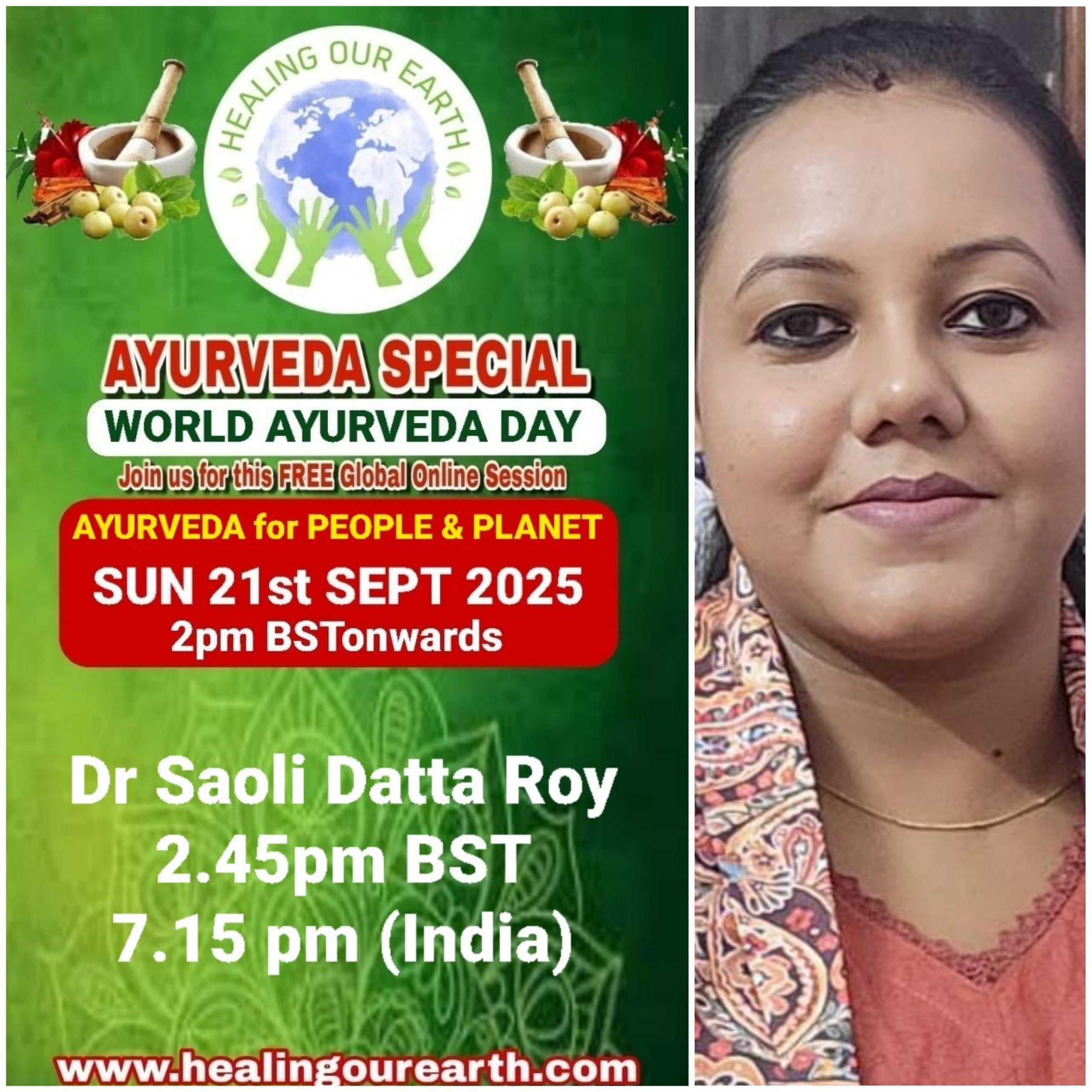 A promotional poster for Global Ayurveda Day on October 13, 2024, at 2pm BST. It features an image of a bearded man with glasses, details about the online event, and logos of various organizations. The bottom text highlights Tomás Pfeiffer and the Institute for Traditional, Complementary, and Integrative Medicine. Website: healingourearth.com.