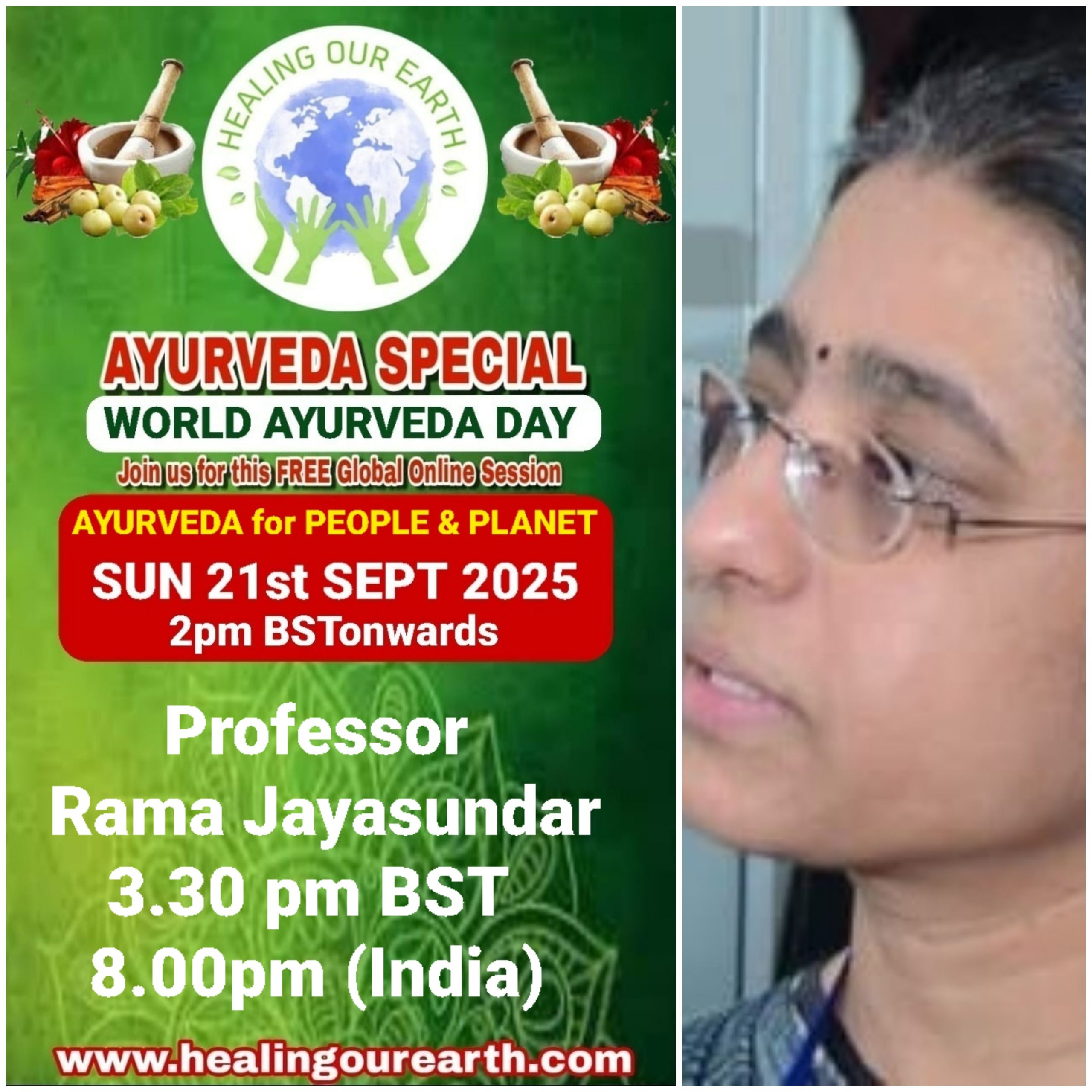A promotional poster for Global Ayurveda Day on October 13, 2024, at 2pm BST. It features an image of a bearded man with glasses, details about the online event, and logos of various organizations. The bottom text highlights Tomás Pfeiffer and the Institute for Traditional, Complementary, and Integrative Medicine. Website: healingourearth.com.