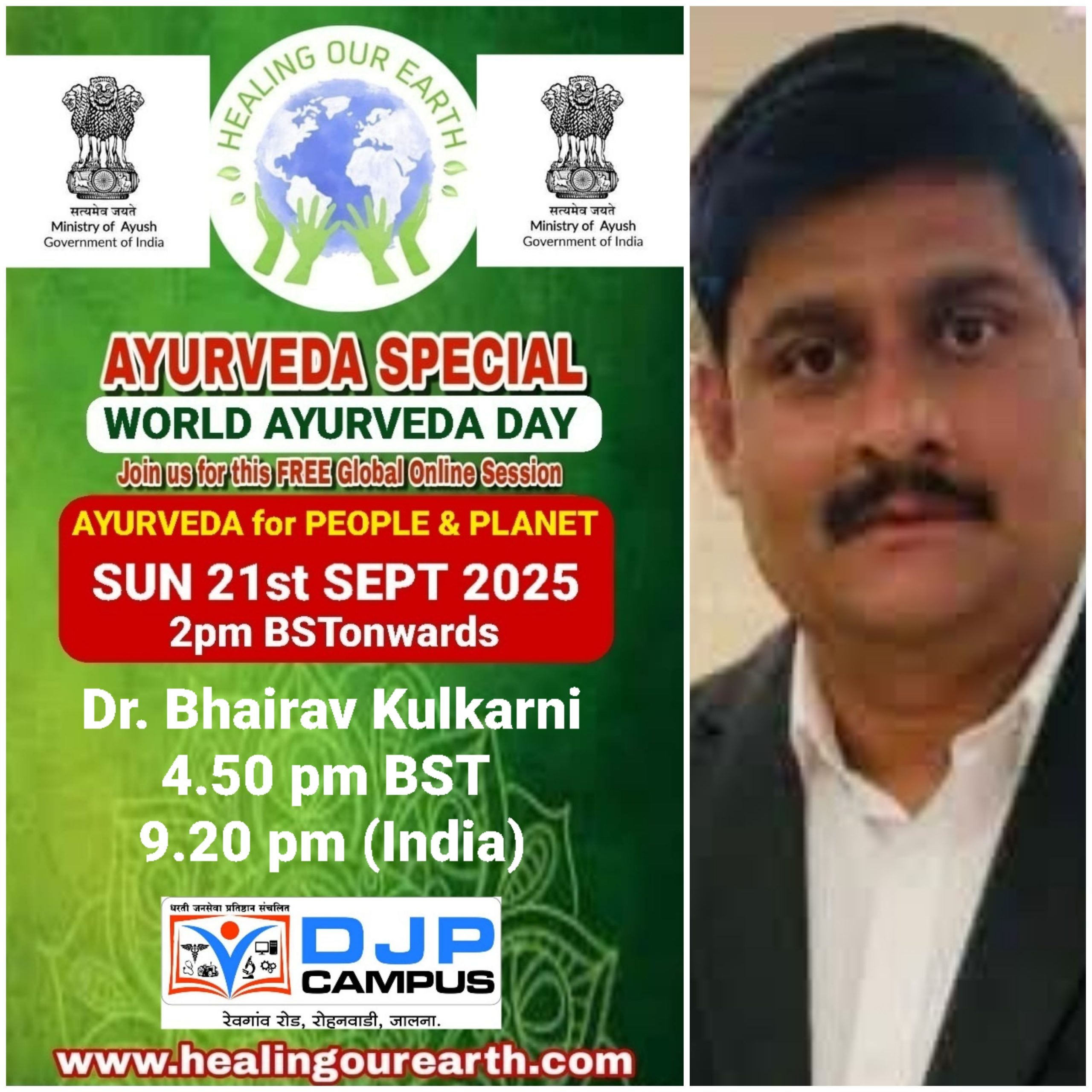 A promotional poster for Global Ayurveda Day on October 13, 2024, at 2pm BST. It features an image of a bearded man with glasses, details about the online event, and logos of various organizations. The bottom text highlights Tomás Pfeiffer and the Institute for Traditional, Complementary, and Integrative Medicine. Website: healingourearth.com.