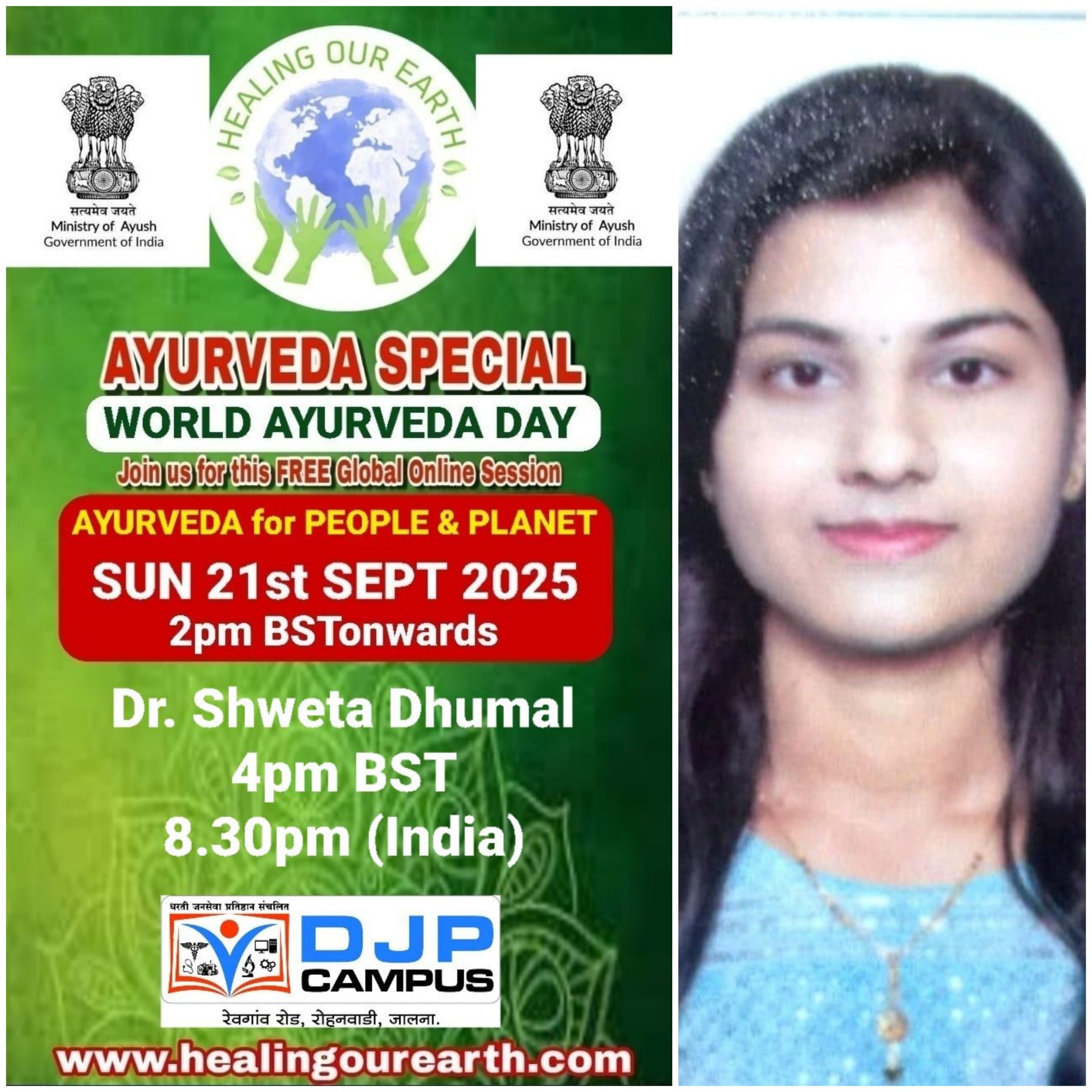 A promotional poster for Global Ayurveda Day on October 13, 2024, at 2pm BST. It features an image of a bearded man with glasses, details about the online event, and logos of various organizations. The bottom text highlights Tomás Pfeiffer and the Institute for Traditional, Complementary, and Integrative Medicine. Website: healingourearth.com.
