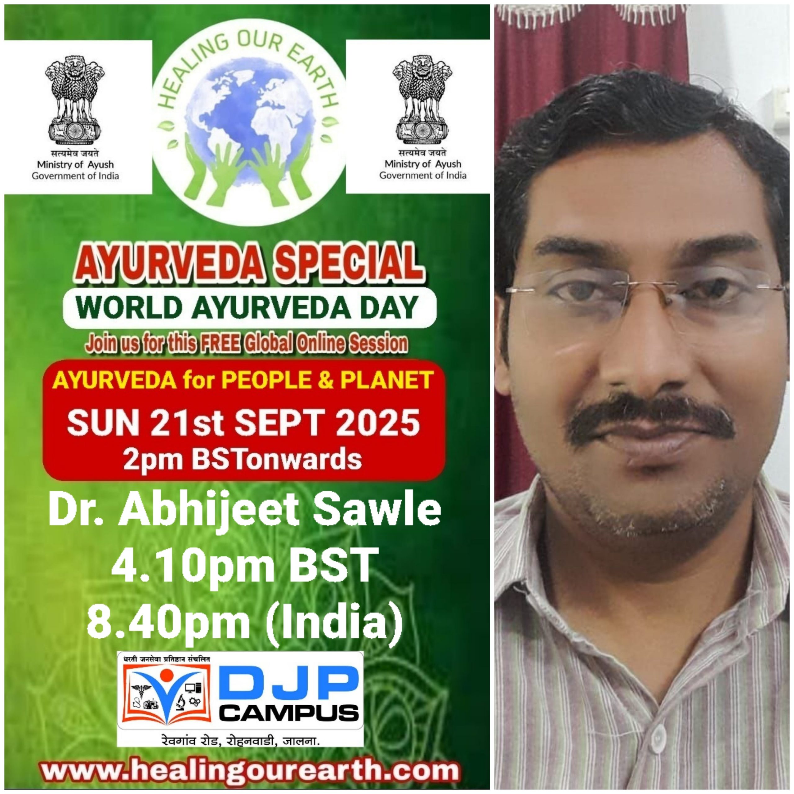 A promotional poster for Global Ayurveda Day on October 13, 2024, at 2pm BST. It features an image of a bearded man with glasses, details about the online event, and logos of various organizations. The bottom text highlights Tomás Pfeiffer and the Institute for Traditional, Complementary, and Integrative Medicine. Website: healingourearth.com.