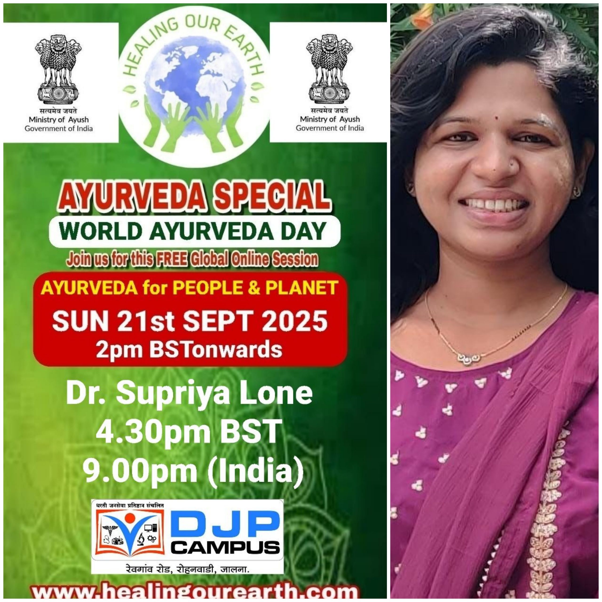 A promotional poster for Global Ayurveda Day on October 13, 2024, at 2pm BST. It features an image of a bearded man with glasses, details about the online event, and logos of various organizations. The bottom text highlights Tomás Pfeiffer and the Institute for Traditional, Complementary, and Integrative Medicine. Website: healingourearth.com.
