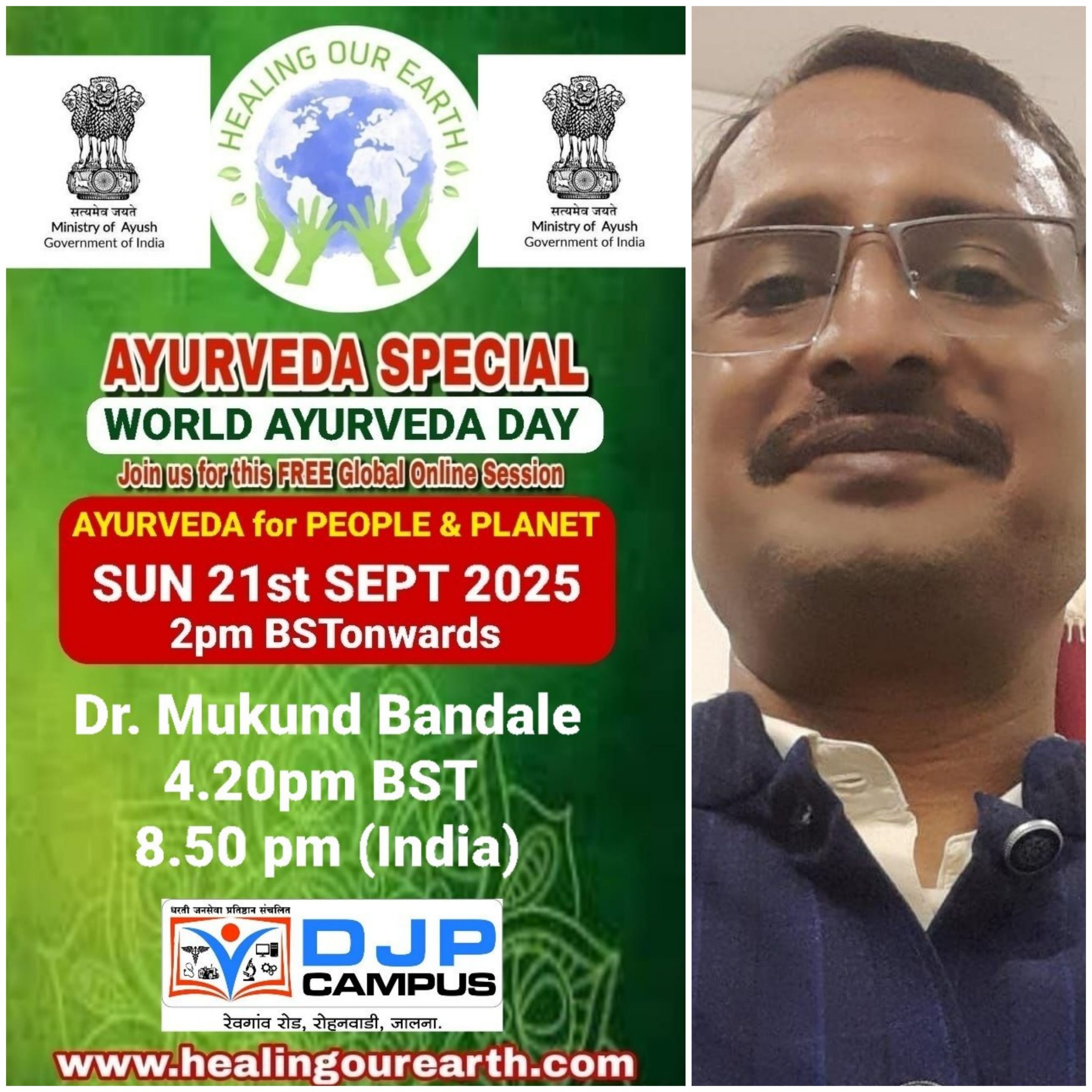 A promotional poster for Global Ayurveda Day on October 13, 2024, at 2pm BST. It features an image of a bearded man with glasses, details about the online event, and logos of various organizations. The bottom text highlights Tomás Pfeiffer and the Institute for Traditional, Complementary, and Integrative Medicine. Website: healingourearth.com.