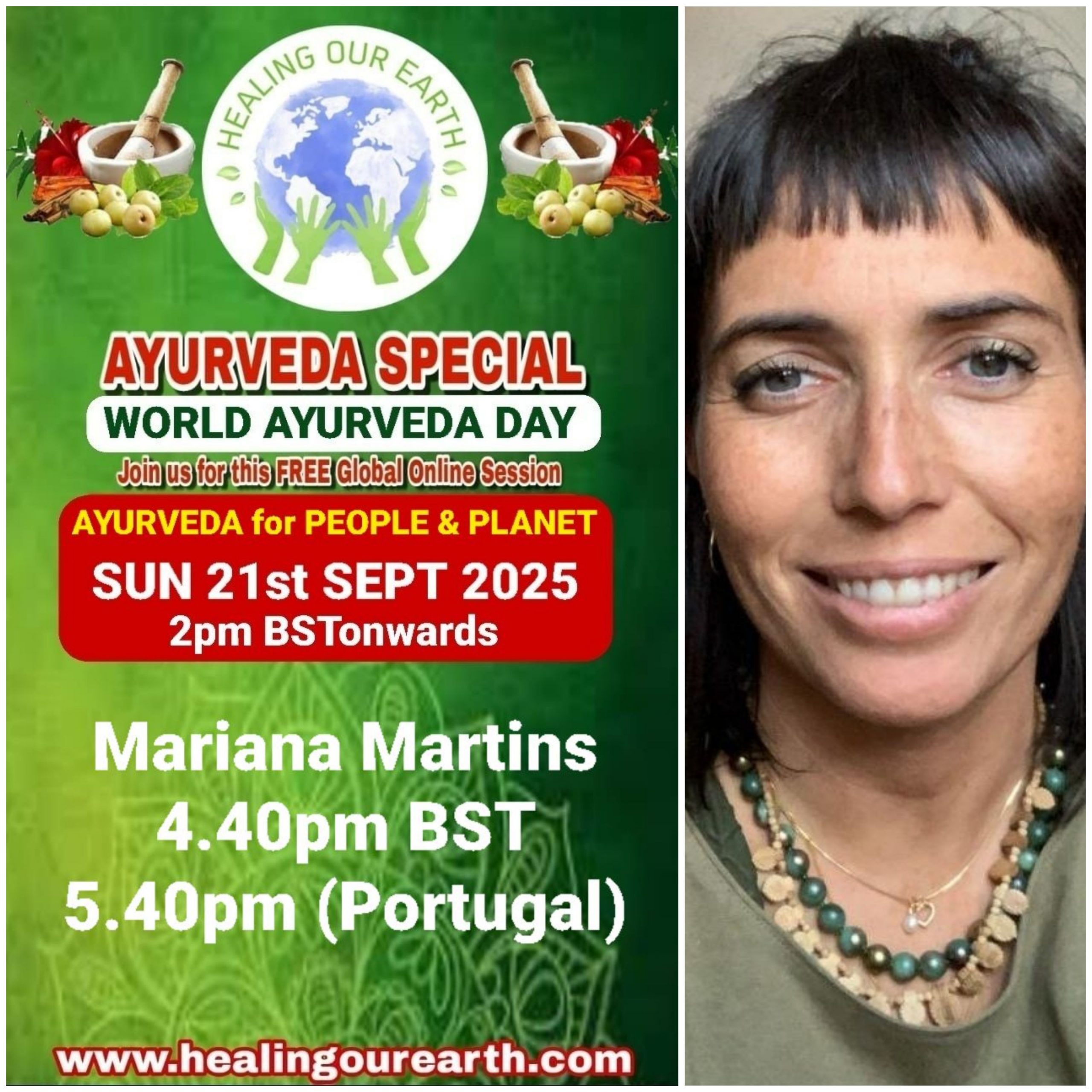 A promotional poster for Global Ayurveda Day on October 13, 2024, at 2pm BST. It features an image of a bearded man with glasses, details about the online event, and logos of various organizations. The bottom text highlights Tomás Pfeiffer and the Institute for Traditional, Complementary, and Integrative Medicine. Website: healingourearth.com.