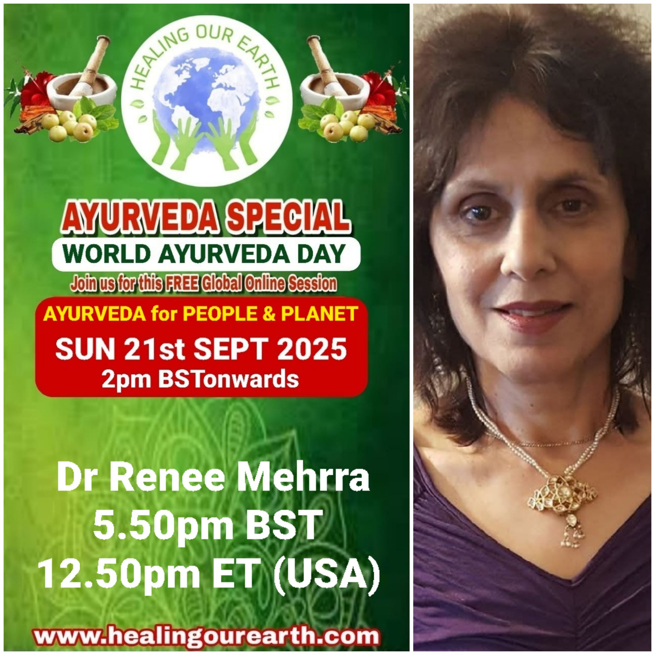 A promotional poster for Global Ayurveda Day on October 13, 2024, at 2pm BST. It features an image of a bearded man with glasses, details about the online event, and logos of various organizations. The bottom text highlights Tomás Pfeiffer and the Institute for Traditional, Complementary, and Integrative Medicine. Website: healingourearth.com.
