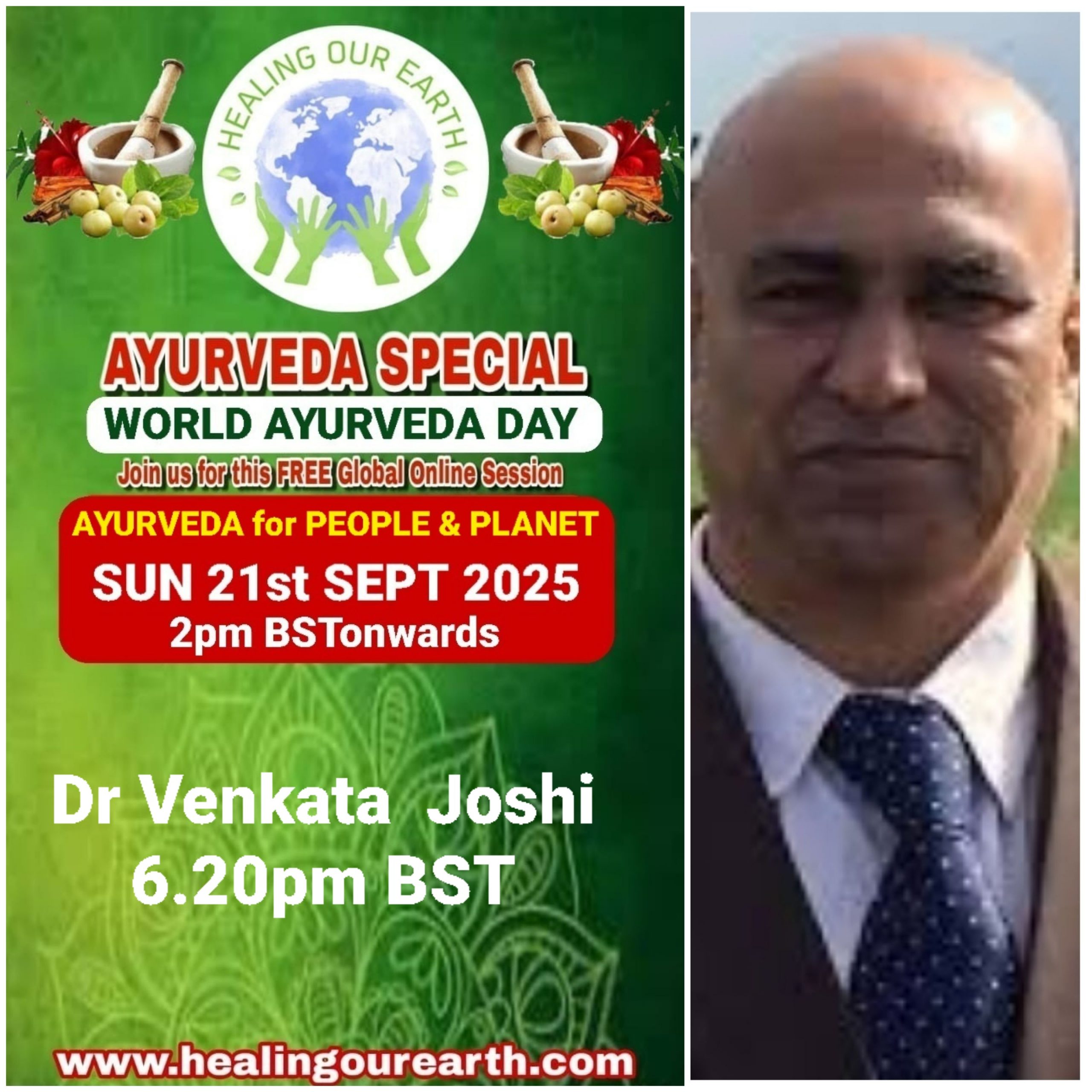 A promotional poster for Global Ayurveda Day on October 13, 2024, at 2pm BST. It features an image of a bearded man with glasses, details about the online event, and logos of various organizations. The bottom text highlights Tomás Pfeiffer and the Institute for Traditional, Complementary, and Integrative Medicine. Website: healingourearth.com.